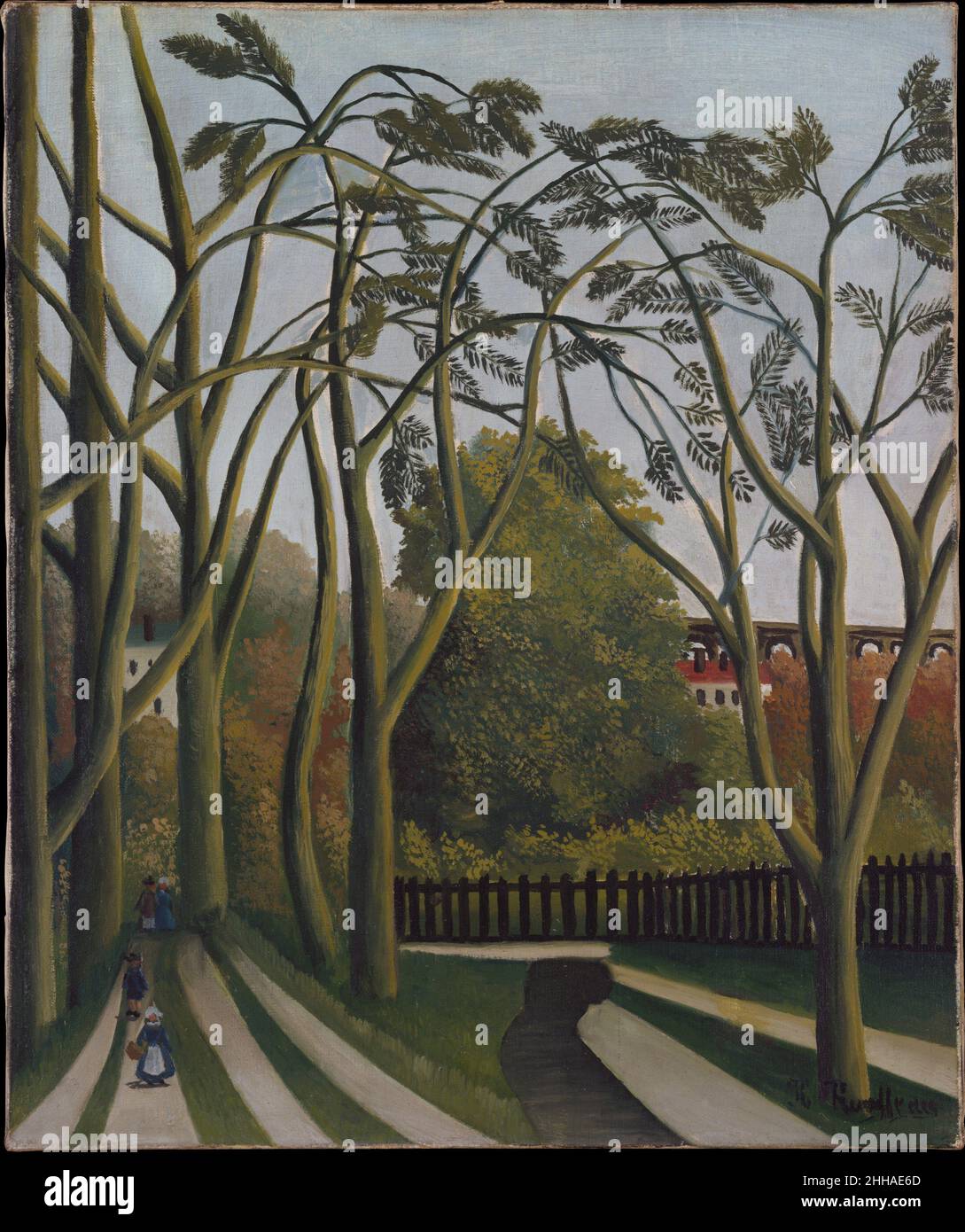 Le Banche della Bièvre vicino a Bicêtre ca. 1908–09 Henri Rousseau (le Douanier) il francese Rousseau ha identificato l'oggetto di questo dipinto in una nota manoscritta, apposta alla sua barella, datata 1909, l'anno in cui lo ha consegnato per la vendita al commerciante Ambroise Vollard. La scena raffigura il paesaggio intorno a Bicêtre, una comunità operaia sul bordo meridionale di Parigi vicino al fiume Bièvre (ora sepolto sotterraneo mentre scorre attraverso la città). Ai tempi di Rousseau, la via navigabile era fortemente inquinata, ma alcuni punti offrivano ancora viste pittoresche, come suggerito dalle figure in abiti contadini sul Foto Stock Le Banche della Bièvre vicino a Bicêtre ca. 1908–09 Henri Rousseau (le Douanier) il francese Rousseau ha identificato l'oggetto di questo dipinto in una nota manoscritta, apposta alla sua barella, datata 1909, l'anno in cui lo ha consegnato per la vendita al commerciante Ambroise Vollard. La scena raffigura il paesaggio intorno a Bicêtre, una comunità operaia sul bordo meridionale di Parigi vicino al fiume Bièvre (ora sepolto sotterraneo mentre scorre attraverso la città). Ai tempi di Rousseau, la via navigabile era fortemente inquinata, ma alcuni punti offrivano ancora viste pittoresche, come suggerito dalle figure in abiti contadini sul Foto Stock