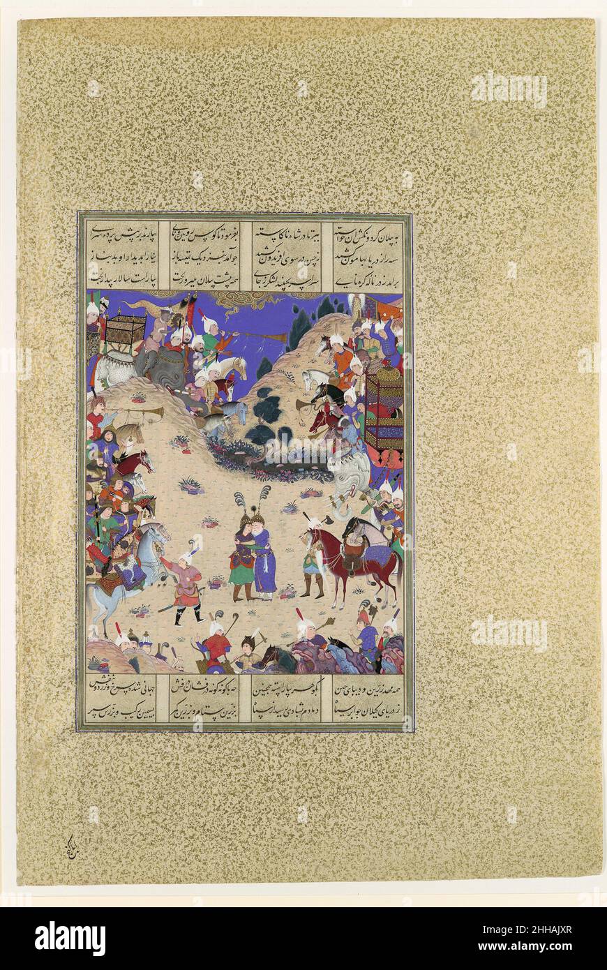 'Faridun abbraccia Manuchihr', Folio 59v dallo Shahnama (Libro dei Re) di Shah Tahmasp ca. 1525 Abu'l Qasim Firdausi ora che la guerra è finita, l'esercito di Manuchihr raccoglie tutto il bottino da Rum e Turan e lo carica sugli elefanti prima di partire per l'Iran. Nel frattempo, Faridun assembla una serie di uomini che soffiano corna, battono i tamburi e guidano gli elefanti riccamente caparisonati nel luogo in cui lui e Manuchihr si incontrano e abbracciano. 'Faridun abbraccia Manuchihr', Folio 59v dallo Shahnama (Libro dei Re) di Shah Tahmasp 452114 Foto Stock