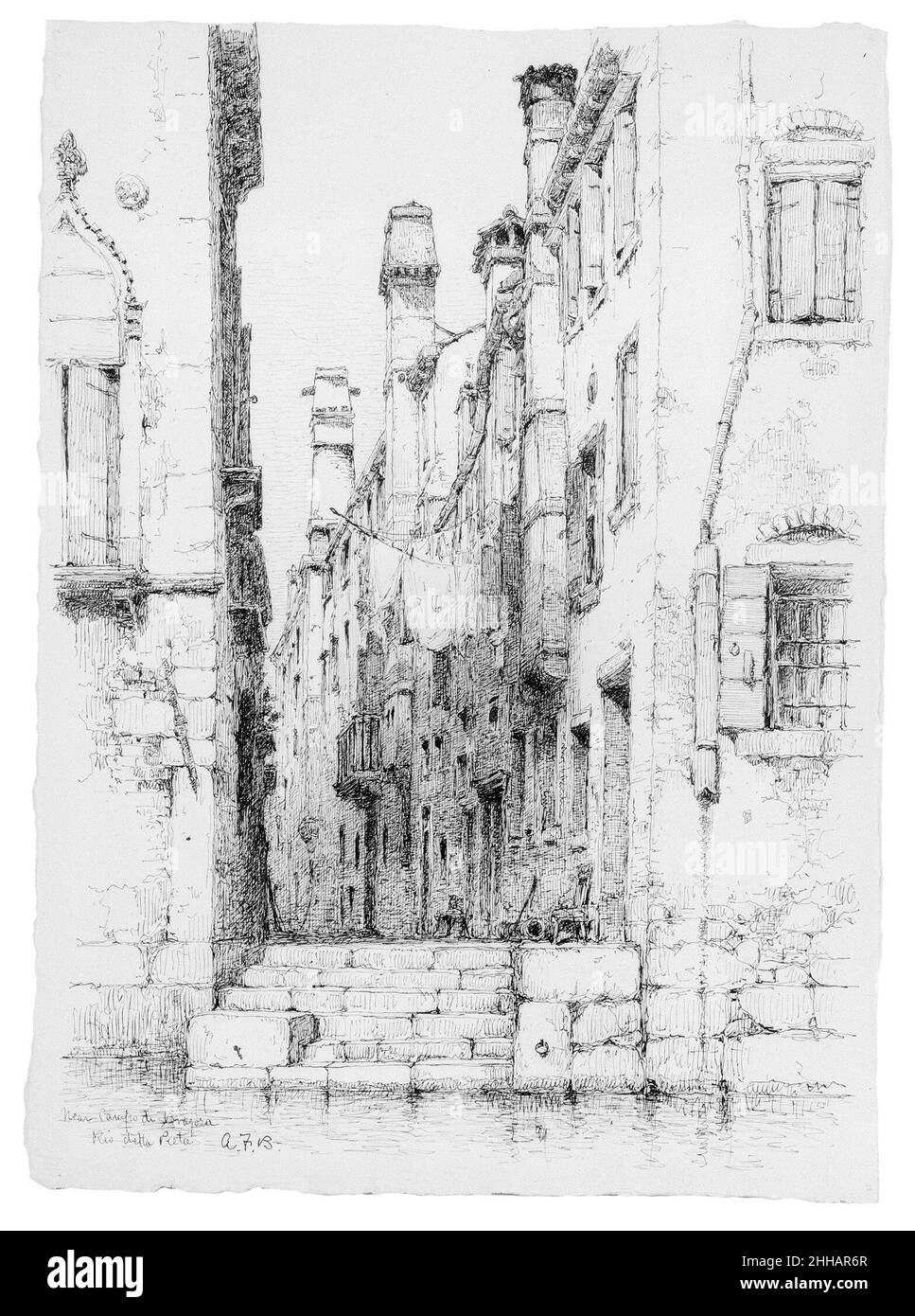 Rio della Pieta, Venezia Andrew Fisher Bunner. Rio della Pieta, Venezia. Andrew Fisher Bunner (1841-1897). Americano. Tracce di inchiostro nero e grafite su carta biancastra Foto Stock