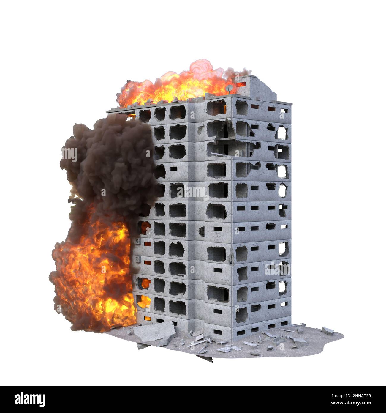 Illustrazione 3D rovinato edificio in fiamme isolate su bianco Foto Stock