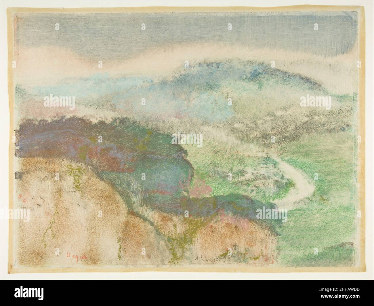 Paesaggio 1892 Edgar Degas francese Degas ha intrapreso una serie di monotipi paesaggio durante una visita nel mese di ottobre 1890 alla tenuta borgognona del suo amico, l'artista Pierre-Georges Jeanniot. Nel corso dei due anni successivi, fece una cinquantina di monotipi, un gruppo dei quali espone alla galleria Durand-Ruel nel 1892. Anche se l'artista ha chiamato queste viste 'paesaggi immaginari,' l'opera attuale è pensato per riflettere la sua esperienza di viaggio attraverso la Borgogna in una carrozza trainata da cavalli. Utilizzando pitture ad olio colorate, sovrapposte a pastelli di scumbled, Degas ha prodotto una vista di un paesaggio montuoso Foto Stock