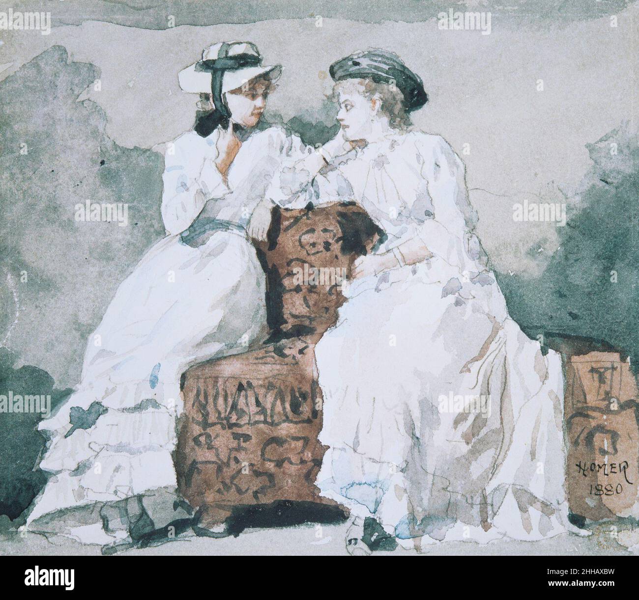 Two Ladies 1880 Winslow Homer American alla fine del 1870s Homer, il celebre pittore e illustratore della Guerra civile americana, occasionalmente ritratta donne e pastore alla moda ispirate a porcellane e dipinti rococò del XVIII secolo. Nel 1880 eseguì diversi acquerelli di eleganti giovani donne viste singolarmente o in coppia, come in questo foglio. Questi intratianti scorci di frivolosi passatempi femminili darebbero il posto a racconti più acari sulla vita delle donne lavoratrici in vista di Cullercoats e Tynemouth sulla costa del Mare del Nord dell’Inghilterra, dove Homer lavorò nel 1881-82. Due Signore Foto Stock