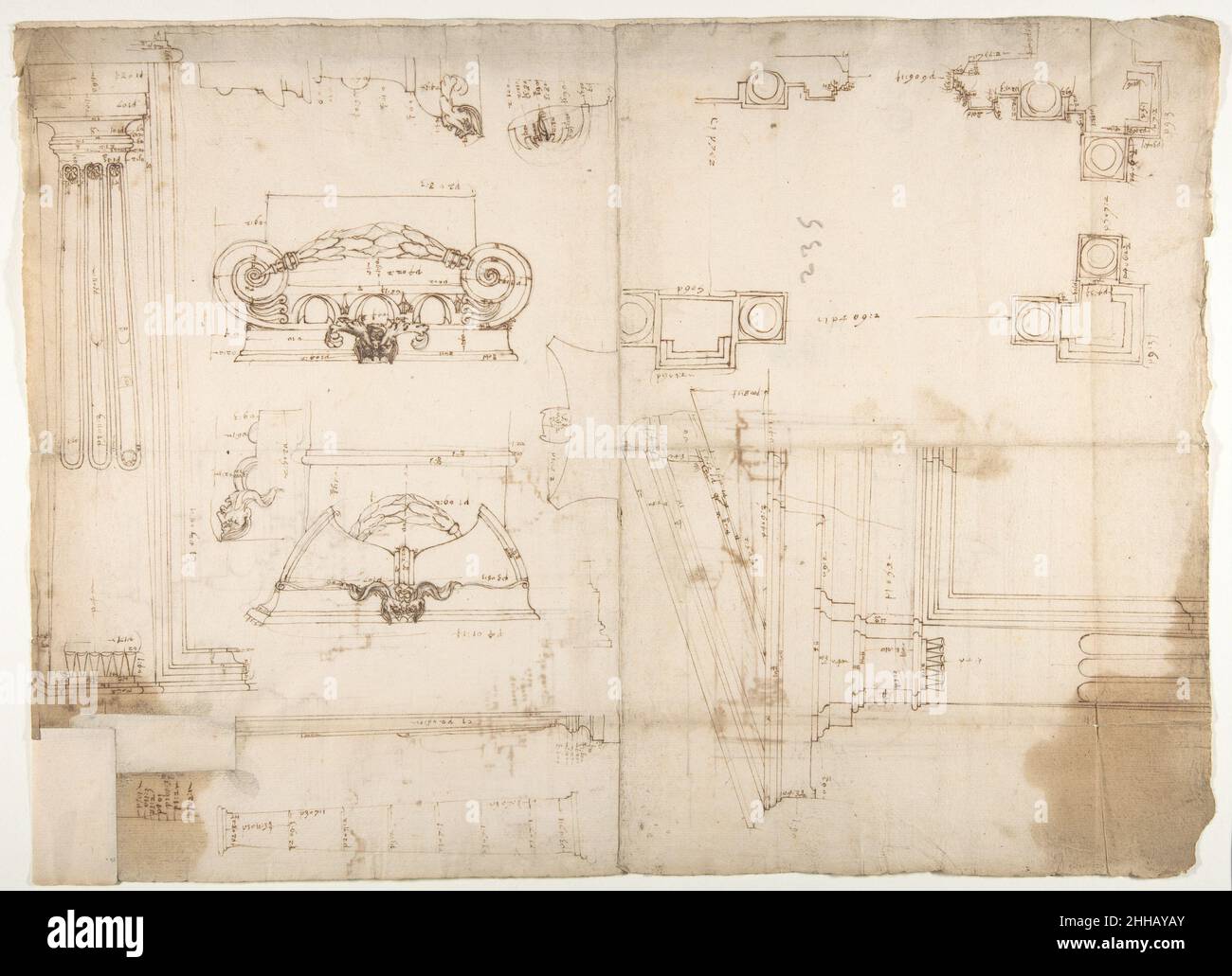 Palazzo dei Conservatori, portico, piano; portale, elevazione; Dettagli, elevazioni (recto) Palazzo dei Conservatori, portico, elevazione; dettagli, profili (verso) inizio a metà del 16th secolo disegnato da Anonimo, francese, 16th secolo francese. Palazzo dei Conservatori, portico, piano; portale, elevazione; Dettagli, elevazioni (recto) Palazzo dei Conservatori, portico, elevazione; dettagli, profili (verso) 360514 Foto Stock