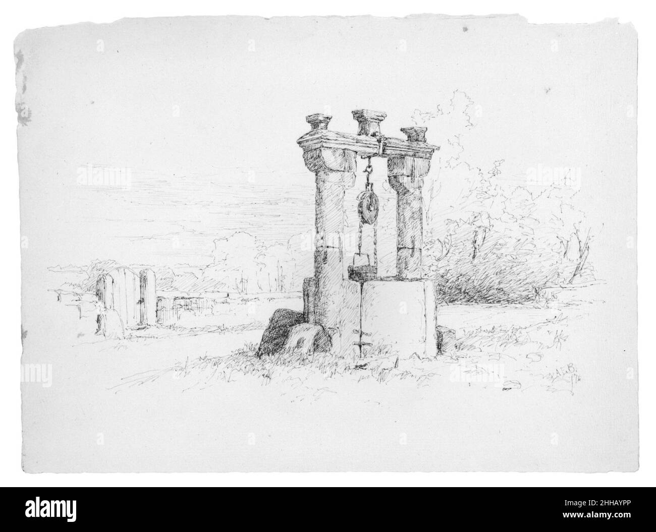 Disegno di un pozzo, Roden Thor, Germania 1876 Andrew Fisher Bunner. Schizzo di un pozzo, Roden Thor, Germania. Andrew Fisher Bunner (1841-1897). Americano. 1876. Inchiostro nero su carta stratta leggera Foto Stock