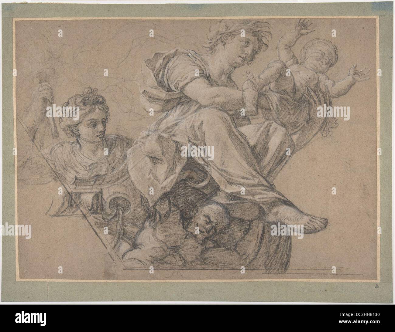 Figure allegoriche per un soffitto decorazione 17th secolo Michel Corneille il Vecchio Francese addestrato nello studio di Simon Vouet (francese, 1590–1649), Corneille il Vecchio era uno dei dodici membri originali dell'Académie Royale de Peinture et de Sculpture, fondata a Parigi nel 1648. Dipinse commissioni per chiese e décors per case private. Arroccato su elementi ornamentali e visto dal basso, queste figure delicatamente modellate, drappeggiate erano probabilmente intese come parte di un disegno di soffitto. Figure allegoriche per un soffitto decorazione 337775 Foto Stock