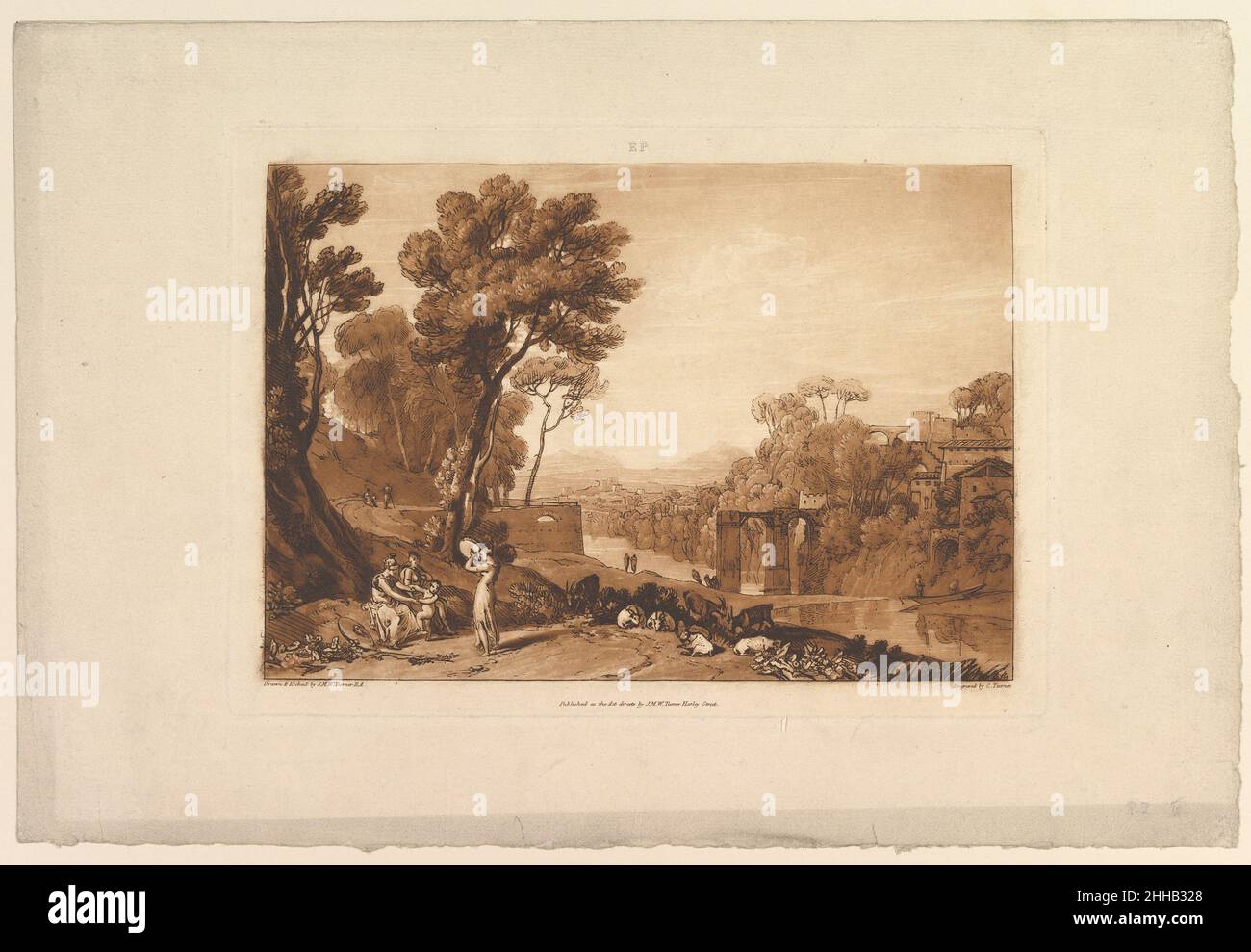 The Woman and Tambourine (Liber Studiorum, parte i, piatto 3) 11 giugno 1807 progettato e inciso da Joseph Mallord William Turner British Turner distillò le sue idee sul paesaggio in 'Liber Studiorum' (latino per il Libro degli Studi), una serie di settanta stampe più un frontespizio pubblicato tra il 1807 e il 1819. Per stabilire le composizioni, ha realizzato disegni acquerelli marroni, poi inciso contorni su lastre di rame. Gli incisori professionali solitamente svilupparono il tono sotto la direzione di Turner, e Charles Turner qui aggiunse mezzotinta per descrivere una vista classica distinta da un fiume ampio e alto Foto Stock