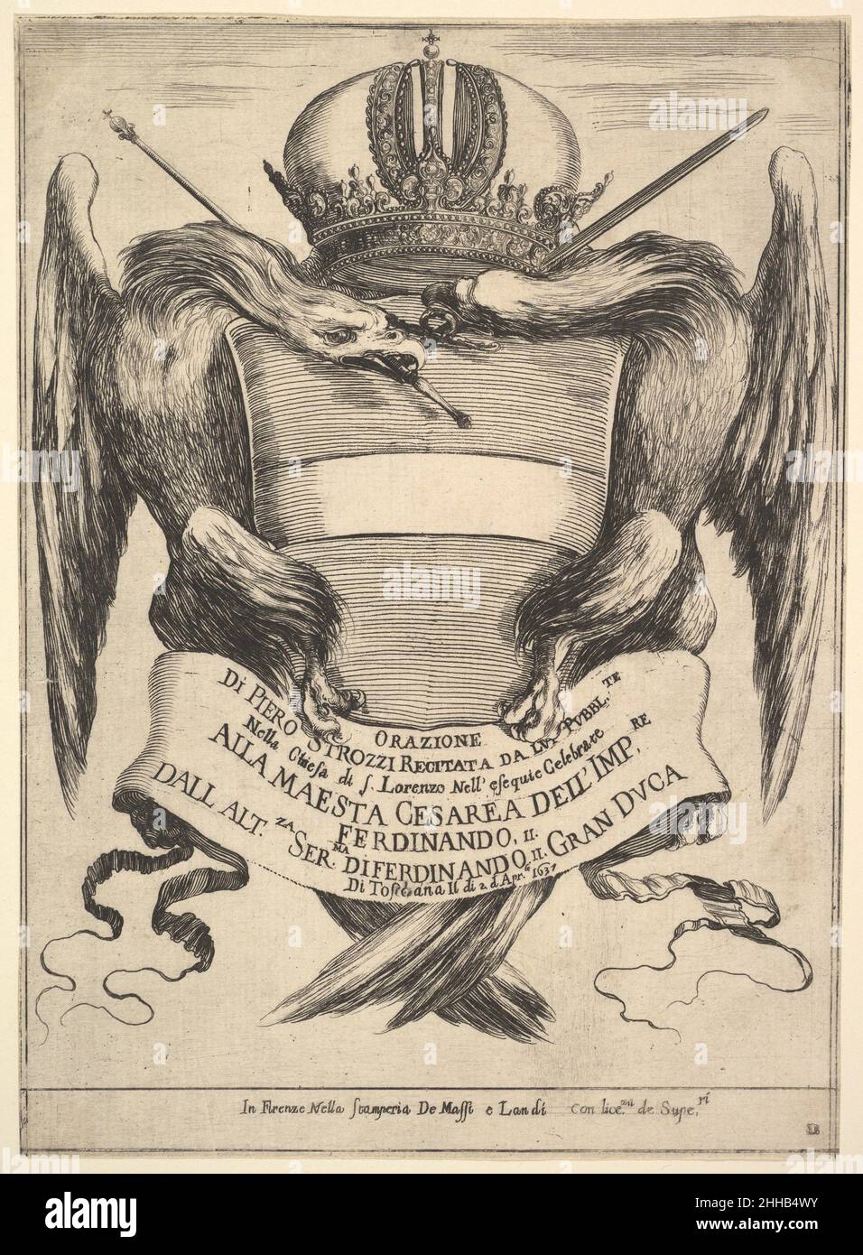 Frontespizio per 'il funerale dell'imperatore Ferdinando II' (Esequie dell'imperadore Ferdinando II): Lo stemma imperiale al centro, sostenuto da due aquile, l'aquila a sinistra tenendo in bocca uno scettro, l'aquila a destra tenendo in bocca una spada 1637 Stefano della Bella italiano. Frontespizio per 'il funerale dell'imperatore Ferdinando II' (Esequie dell'imperadore Ferdinando II): Lo stemma imperiale al centro, sostenuto da due aquile, l'aquila a sinistra tenendo uno scettro in bocca, l'aquila a destra tenendo una spada in bocca 412688 Foto Stock