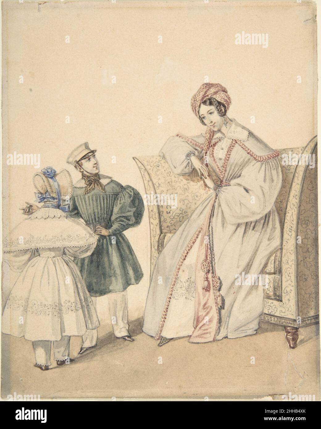 Disegno di moda con una donna seduta in una sedia con un ragazzo e ragazza 19th secolo Pierre-Numa Bassaget, chiamato Numa francese. Disegno di modo con una donna seduta in una sedia con un ragazzo e ragazza 343094 Foto Stock