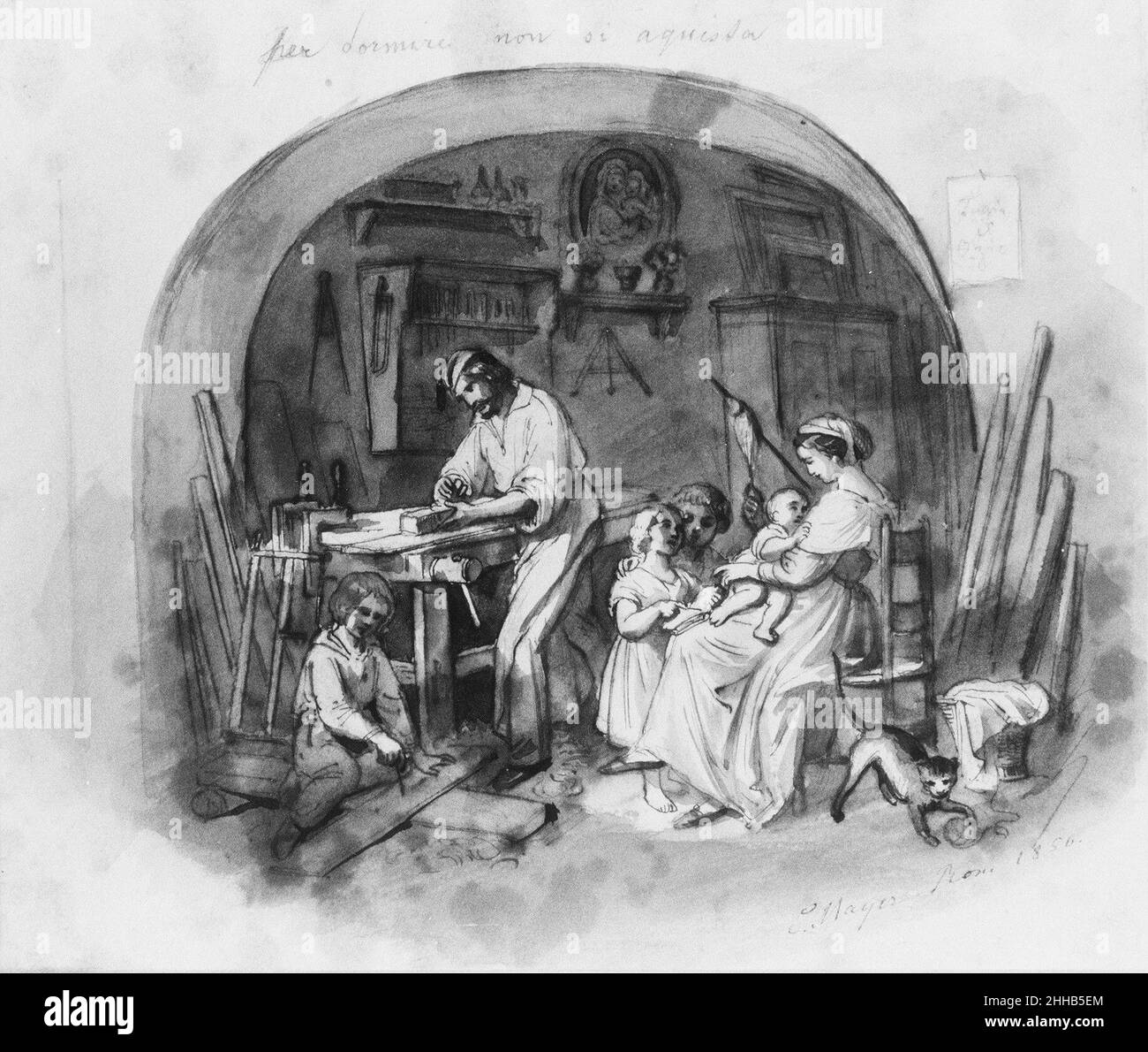 Allestimento interno: Carpentiere al lavoro con la famiglia (da Crosey Album) 1856 attribuito a Mayer Franco-Americano costante. Allestimento interno: Carpentiere al lavoro con la famiglia (da Crosey Album) 11523 Foto Stock