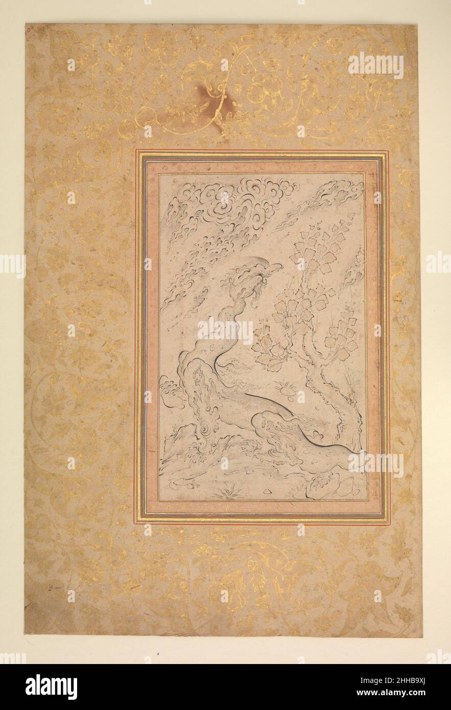 Drago e nuvole ca. 1600 attribuito a Sadiqi Beg mentre il drago emerge dal paesaggio naturale, la linea sinuosa della sua silhouette imita quelle dei suoi dintorni. Alla fine del Cinquecento aumentò la produzione di disegni finiti di una sola pagina destinati agli album; furono eseguite numerose immagini di draghi, da soli o in lotta con uomini o altri animali. Questo lavoro è attribuito a Sadiqi Beg, che, insieme a Riza-yi 'Abbasi, è stato uno dei pionieri dello stile calligrafico del disegno in Iran. Drago e nuvole 457056 Foto Stock