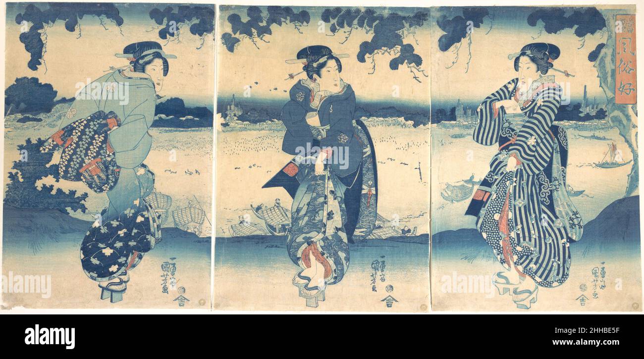 Donne vicino a un fiume ca. 1850 Utagawa Kuniyoshi giapponese nel 1840s e 50s Kuniyoshi è stato notato per la raffigurante le bellezze in formato trittico. Le sue immagini di donne hanno dato un'impressione rotonda, morbida nel 1840s, ma un'impressione angolare, più dura nel 1850s. La dominanza di blu attraverso i tre fogli evidenzia efficacemente i tocchi di rosso nei vestiti delle donne.ciascuna delle tre donne è ritratta individualmente sotto gli alberi di pino in ogni foglio. D'altra parte, lo sfondo dei fiumi e delle scene lontane, così come il continuo primo piano, collega le tre bellezze insieme. Donne vicino a una Rive Foto Stock