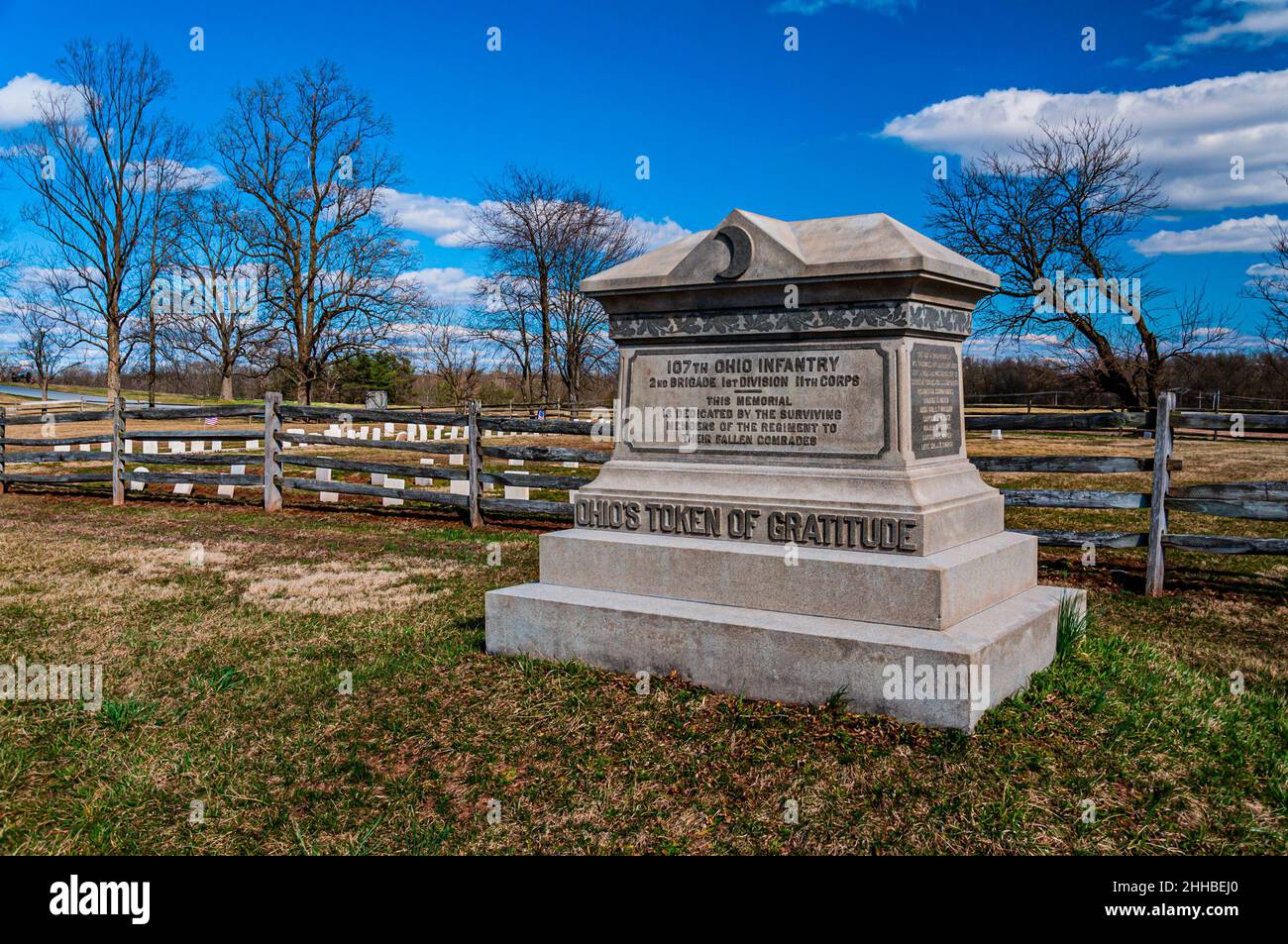 Foto del 107th Ohio Volunteer Fanttry Regiment Monument, vicino al cimitero di ALMS House, Gettysburg National Military Park, Pennsylvania USA Foto Stock