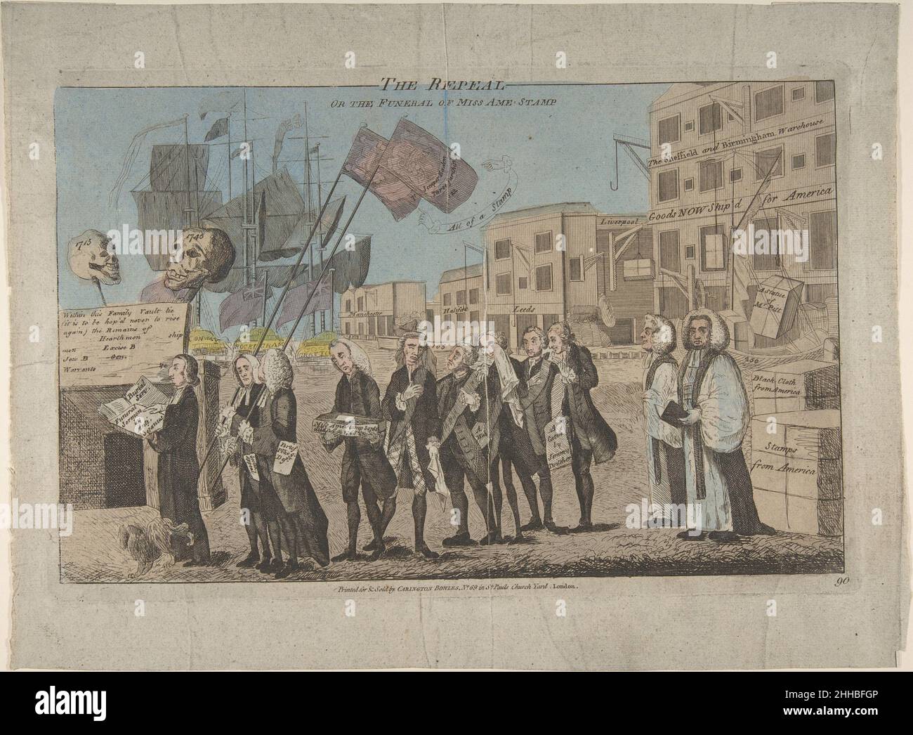 Il Repeal, o il funerale di Miss Ame-Stamp 1766 Anonymous, British, 18th secolo i politici britannici sono immaginati processare attraverso i banchine di Londra per piangere l'abrogazione del Stamp Act il 18 marzo 1766. Un anno prima, il Parlamento aveva imposto questa accisa sulle merci stampate importate nelle colonie americane. I conseguenti boicottaggi hanno portato i mercanti britannici a fare pressione sul governo per l’abrogazione, e questa immagine anti-imposta deride i principali sostenitori dell’atto. Dietro due bandiere, George Grenville (licenziato come capo ministro nel 1765) porta una piccola bara contrassegnata con 'Miss Ame[rica] Stamp'. Lui io Foto Stock