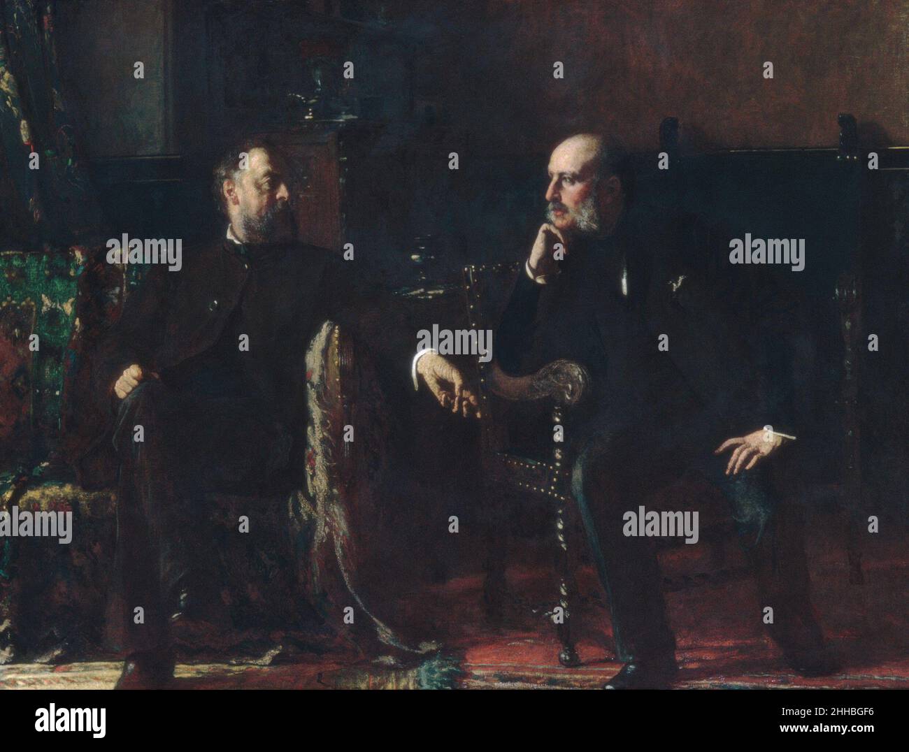 Il finanziamento Bill 1881 Eastman Johnson American nel 1881, banchieri e uomini d'affari sono stati profondamente allarmati da un disegno di legge del Congresso sul rimborso del debito nazionale. L'uomo a sinistra sul divano è Robert W. Rutherford, un parente per matrimonio del pittore, e l'attento ascoltatore accanto a lui è l'artista, Samuel W. Rowse. Quando questi cittadini responsabili stavano discutendo il disegno di legge nel proprio salotto di Johnson, ha visto nella loro apparenza e atteggiamenti il soggetto per un'immagine e ha fatto uno studio prima di fare questo grande, lavoro finito. La ritrattistica è combinata con il genere, perché entrambi gli uomini sono unp Foto Stock