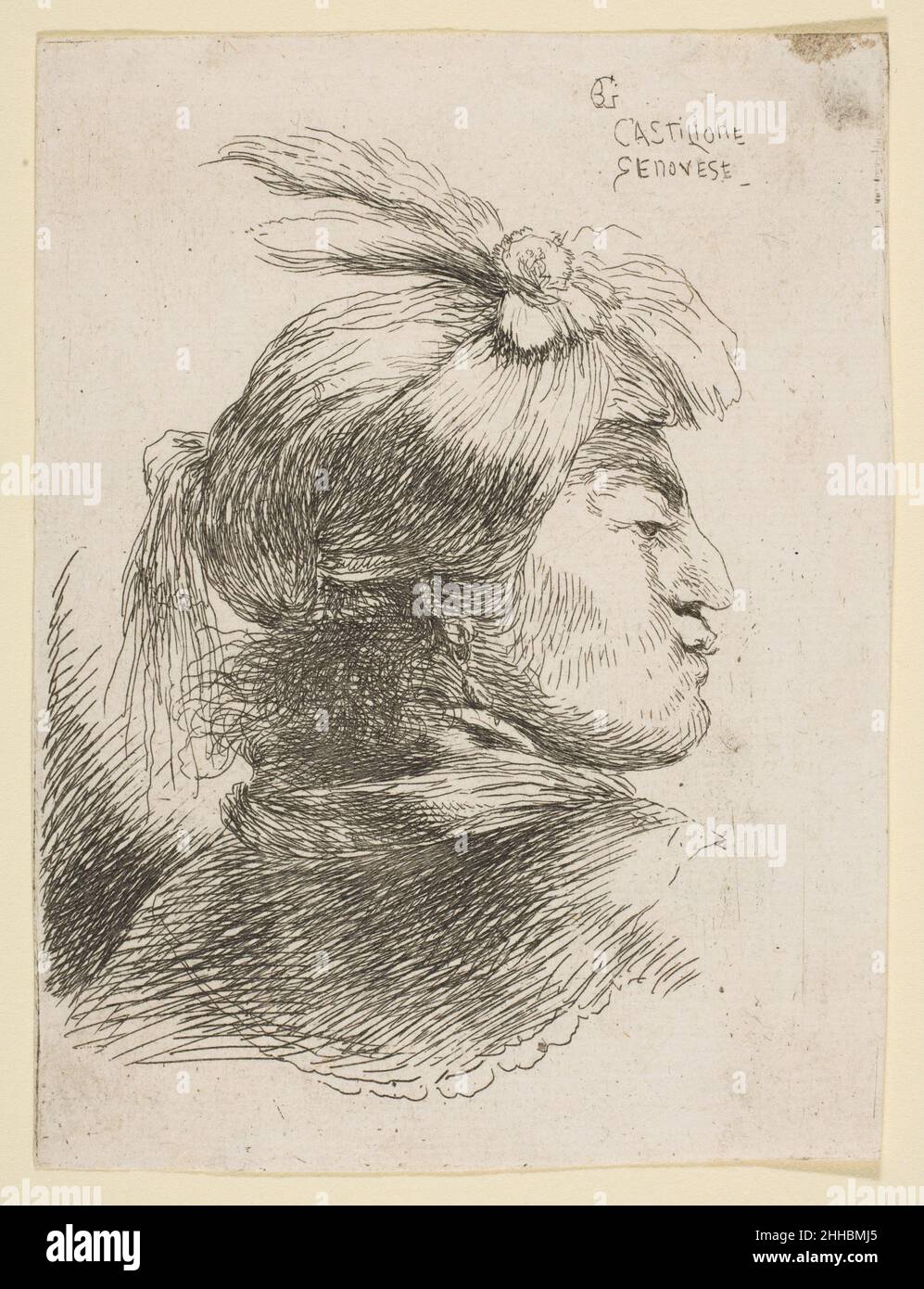 Uomo che indossa un piccolo turbante, rivolto a destra, dalla serie di 'piccole teste in headdress orientale' ca. 1645–1650 Giovanni Benedetto Castiglione (il Grechetto) Italiano. Uomo che indossa un piccolo turbante, rivolto a destra, dalla serie di 'Small Heads in Oriental headdress' 396909 Foto Stock