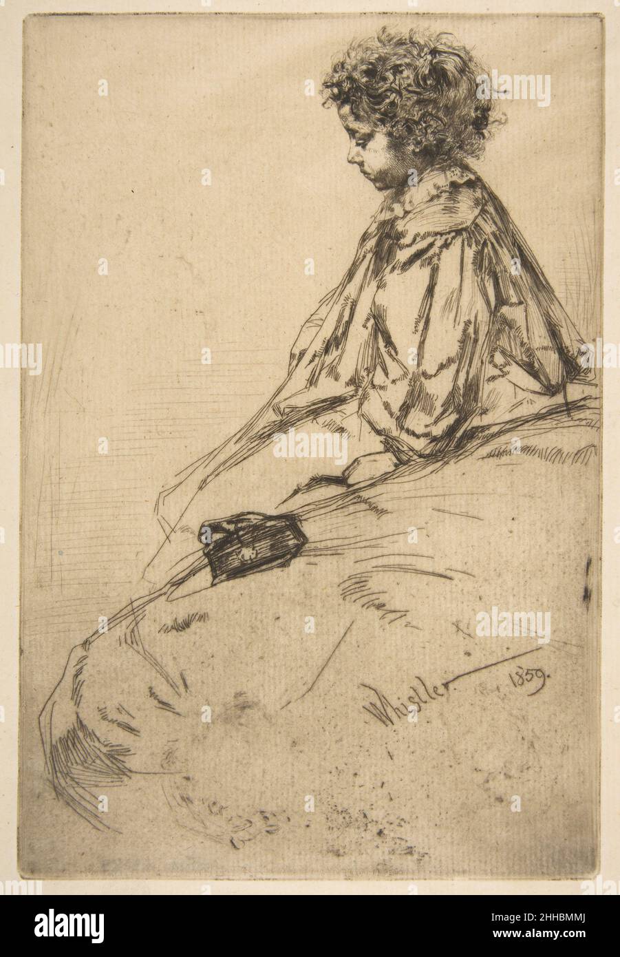 Bibi Lalouette 1859 [stampa successiva] James McNeill Whistler American questo ragazzino riccio seduto sul bordo di un letto proviene da una serie di ritratti che Whistler fece nel 1858-59. Noto per il nome di Bibi, il bambino era figlio di J. M. Lalouette, che gestiva un piccolo hotel e ristorante in rue de l'Odéon 5 a Parigi. Whistler spesso mangiava lì e lasciava un grosso conto non pagato quando si trasferì a Londra. Nell'agosto del 1860 inviò un pagamento parziale, suscitando una risposta sollevata da Monsieur Lalouette che menziona Bibi spesso parlava dell'artista, e notando l'orgoglio della famiglia nella propria impressione Foto Stock