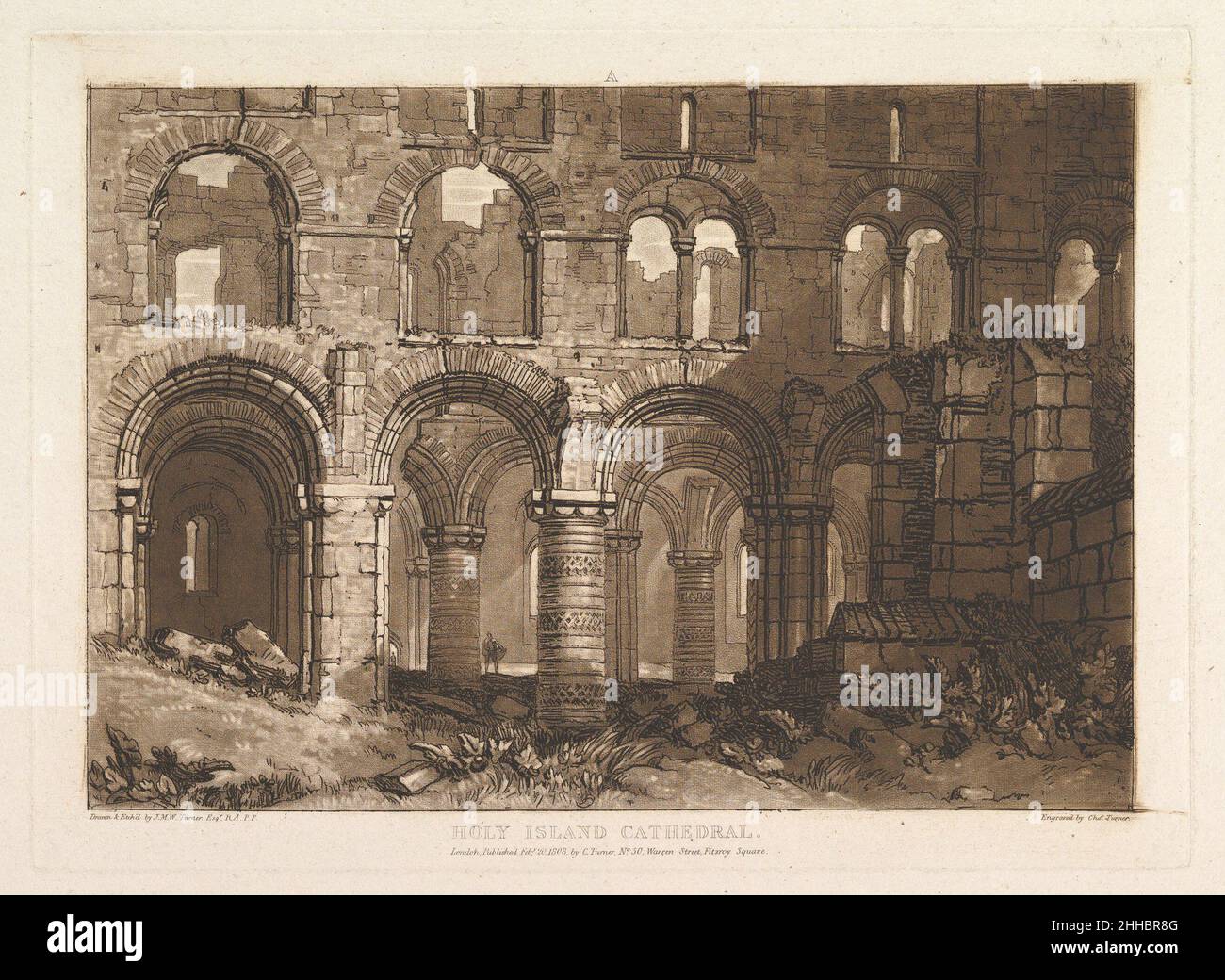 Cattedrale dell'Isola Santa (Liber Studiorum, parte III, piastra 11) 20 febbraio 1808 progettata e incisa da Joseph Mallord William Turner British Turner distillò le sue idee sul paesaggio in 'Liber Studiorum' (latino per il Libro degli Studi), una serie di settanta stampe più un frontespizio pubblicato tra il 1807 e il 1819. Per stabilire le composizioni, ha realizzato disegni acquerelli marroni, poi inciso contorni su lastre di rame. Gli incisori professionali solitamente svilupparono il tono sotto la direzione di Turner, e Charles Turner qui aggiunse mezzotinta per descrivere le arcate normanne (Romanesqe) a forma di arco rotondo di Lindis Foto Stock