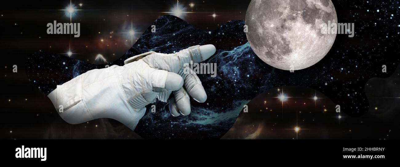 Piani e sogni di volare sulla Luna. Il dito punta verso il satellite, sullo sfondo del cielo stellato, collage. Elementi di questo im Foto Stock