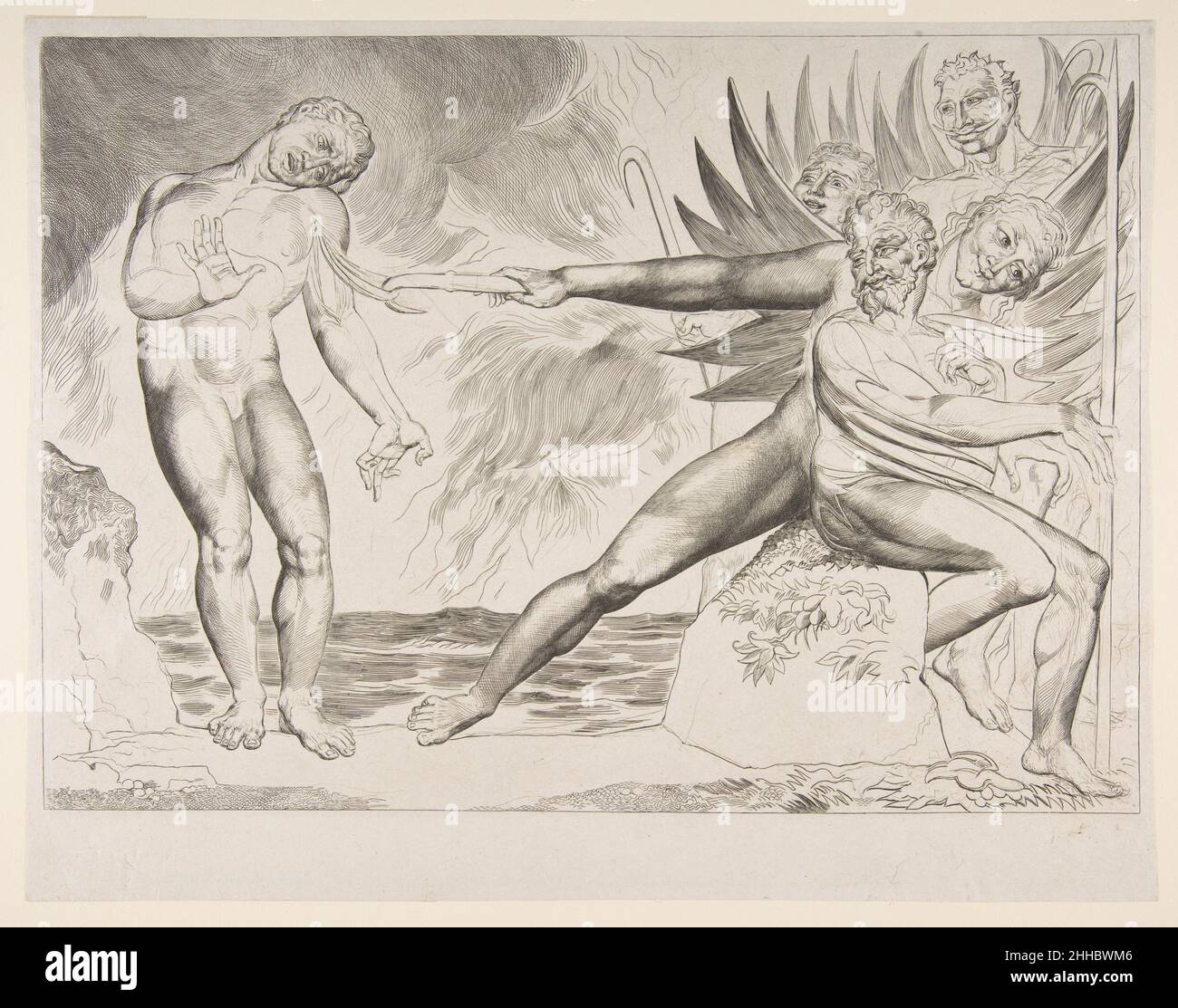 Il Circolo degli ufficiali corrotti: I diavoli che tormentano Ciampolo ca. 1825–27 William Blake britannico. The Circle of Corrupt Officials: The Devils Tormenting Ciampolo 383529 artista: William Blake, britannico, Londra 1757?1827 Londra, autore: Illustra Dante Alighieri, italiano, Firenze ca. 1265?1321 Ravenna, il cerchio dei corrotti ufficiali: I diavoli che tormentano Ciampolo, dall'Inferno di Dante, canto XXII, ca. 1825?27, incisione, piastra: 9 3/8 x 13 1/4 poll. (23,8 x 33,7 cm) foglio: 10 9/16 x 13 9/16 pollici (26,8 x 34,4 cm). Il Metropolitan Museum of Art, New York. Rogers Fund, 1917 (17.65.2) Foto Stock