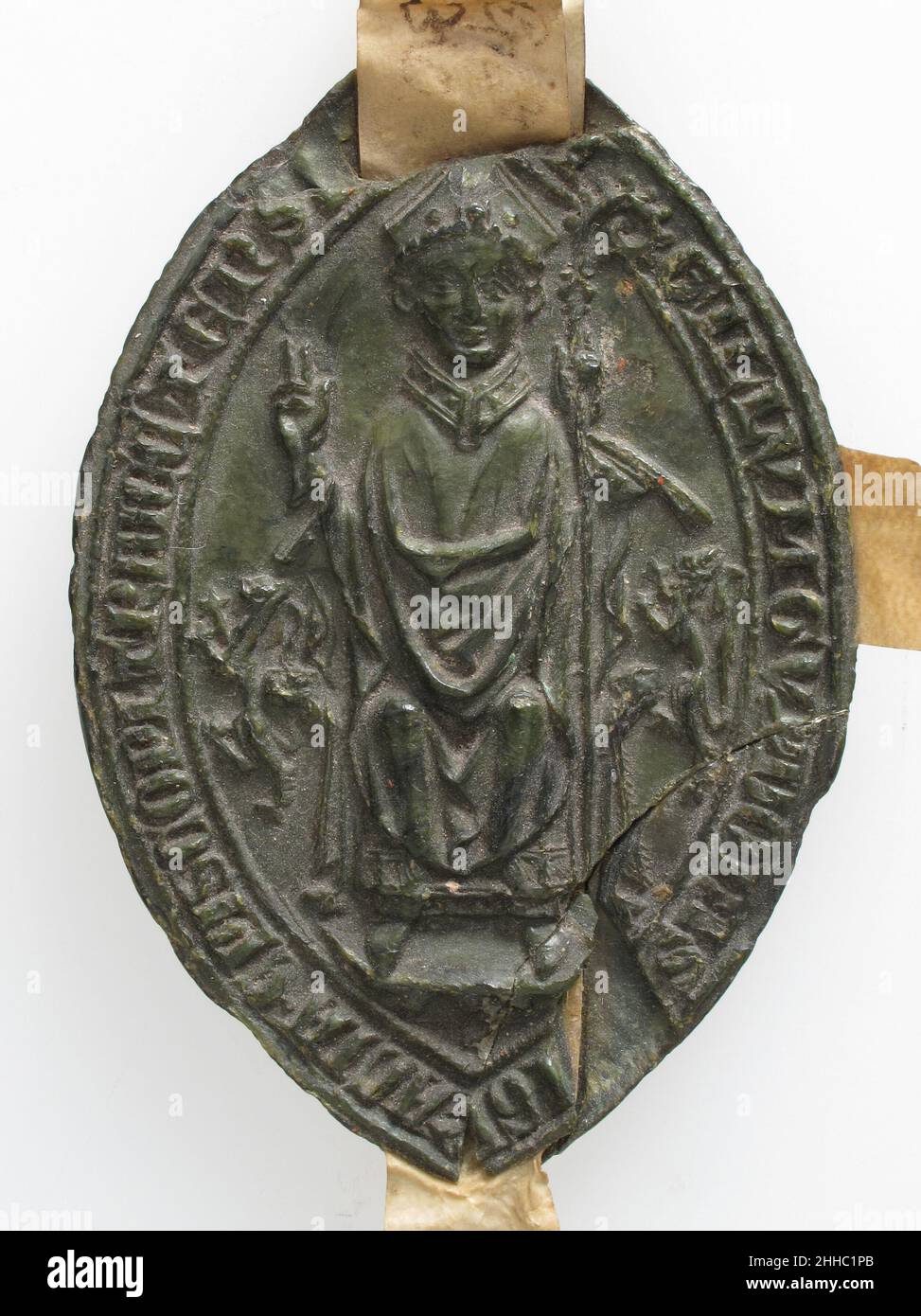 Sigillo episcopale di GUI d'Avesnes, Vescovo di Utrecht 1300–1314 Netherlandish. Sigillo episcopale di GUI d'Avesnes, Vescovo di Utrecht 466079 Netherlandish, sigillo episcopale di GUI d'Avesnes, Vescovo di Utrecht, 1300?1314, cera verde, tuta (con nastri pergamena): 4 5/8 x 2 1/4 x 1/4 pollici. (11,7 x 5,7 x 0,7 cm) solo cera: 2 15/16 x 1 15/16 x 1/4" (7,4 x 5 x 0,7 cm). Il Metropolitan Museum of Art, New York. Regalo di H.P. Kraus, 1981 (1981.534.5) Foto Stock