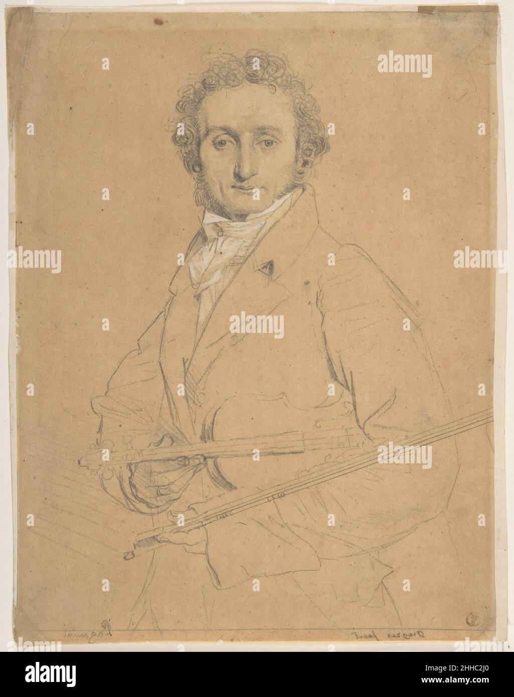 Niccolò Paganini (1784–1840) ca. 1830 Jean Auguste Dominique Ingres French Ingres ha preparato questo disegno in particolare per il suo caro amico Luigi Calamatta, che ha prodotto un'incisione a forma di pastore basata su di esso nel 1830 (17,3.756-2183). Probabilmente Ingres incontrò la sitter, violinista Niccolò Paganini, nell'aprile 1819, forse durante un recital per il principe Wenzel von Kaunitz-Rietberg, ambasciatore austriaco a Roma. Il pittore francese era già a conoscenza della famiglia dell’ambasciatore, avendo raffigurato le sue tre giovani figlie nel 1818 in un altro disegno in grafite della collezione (1998,21). Era in questo Rom Foto Stock