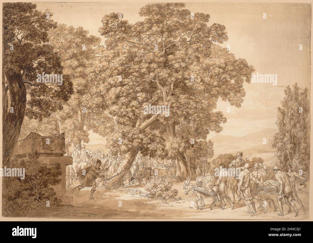 AJAX nella tomba ca. 1790–99 Jacob Wilhelm Mechau German questo disegno è un esempio impressionante dello stile maturo di Mechau e può essere datato alla fine del XVIII secolo, quando le composizioni dell'artista si allontanavano dall'influenza di Claude Lorrain, che generalmente trattava l'elemento umano nei suoi paesaggi come un semplice personale. Qui, gli alberi torreggianti non hanno importanza maggiore della scena raffigurata sotto. L'oggetto del disegno è spiegato da un poema del 1785 del poeta e filosofo tedesco Johann Gottfried Herder (1744-1803), iscritto sul retro del foglio, pr Foto Stock
