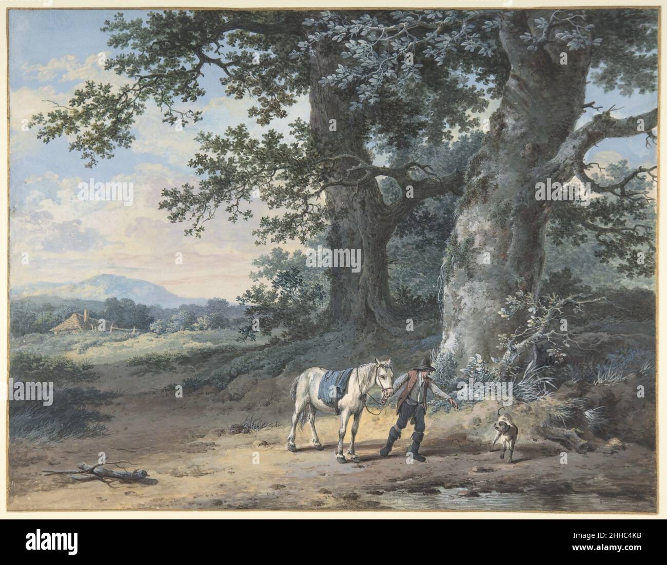 Un contadino che guida il suo cavallo alla periferia di un bosco 1761–1842 Pieter Barbiers II Olandese ai margini di una foresta, un uomo sta conducendo il suo cavallo verso un lungomare. Con la testa girata e il braccio sinistro allungato, l'uomo sembra al tempo stesso comandare il suo cane. Queste figure sono quasi nudite dai due maestosi alberi secolari che si innalzano al loro fianco. Lo sguardo dello spettatore prosegue poi verso l’ampio paesaggio aperto, che si apre sullo sfondo sinistro, dove alcune nuvole lilla colorano il cielo blu. In lontananza, Barbiers raffigurava alte colline che sono completamente estranee al contr olandese Foto Stock