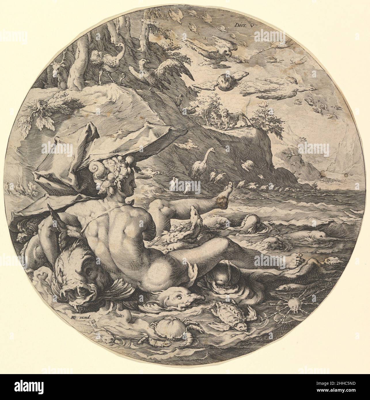 Il quinto giorno (Dies V), dalla serie la creazione del mondo ca. 1597 Hendrick Goltzius Netherlandish. Il quinto giorno (Dies V), dalla serie la creazione del mondo 374004 Foto Stock