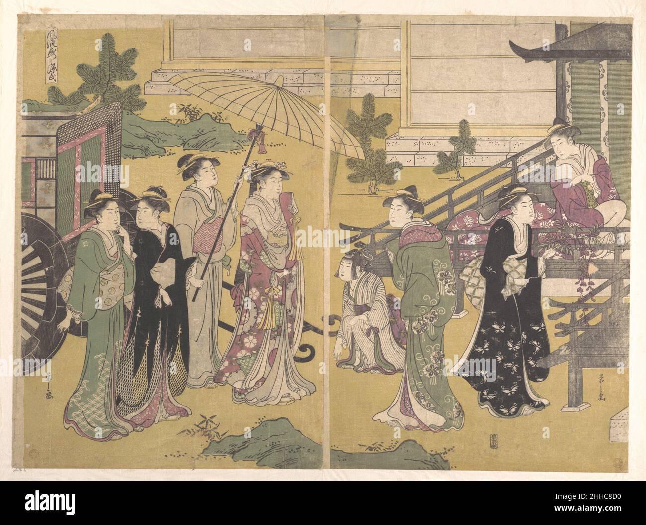 Fuji no Uraha ca. 1790 Chōbunsai Eishi giapponese questo trittico è tipico dello yatsushi, o il travestimento divertente di una figura o scena come un altro. Una splendida pagea operatica di belle Signore è presentata qui come una delle scene più felici dalla tale di Genji. Questo è l'ultimo capitolo della prima metà dei Genji, che mette in relazione una serie di eventi climi culminati con il successo del Principe Shining, un successo che deve portare rapidamente alla catastrofe nei capitoli successivi. Qui, Yugiri, figlio del Principe Shining, ha vinto l'amore di Kumoinokari, figlia di Tōno-Chujo, a un wi Foto Stock