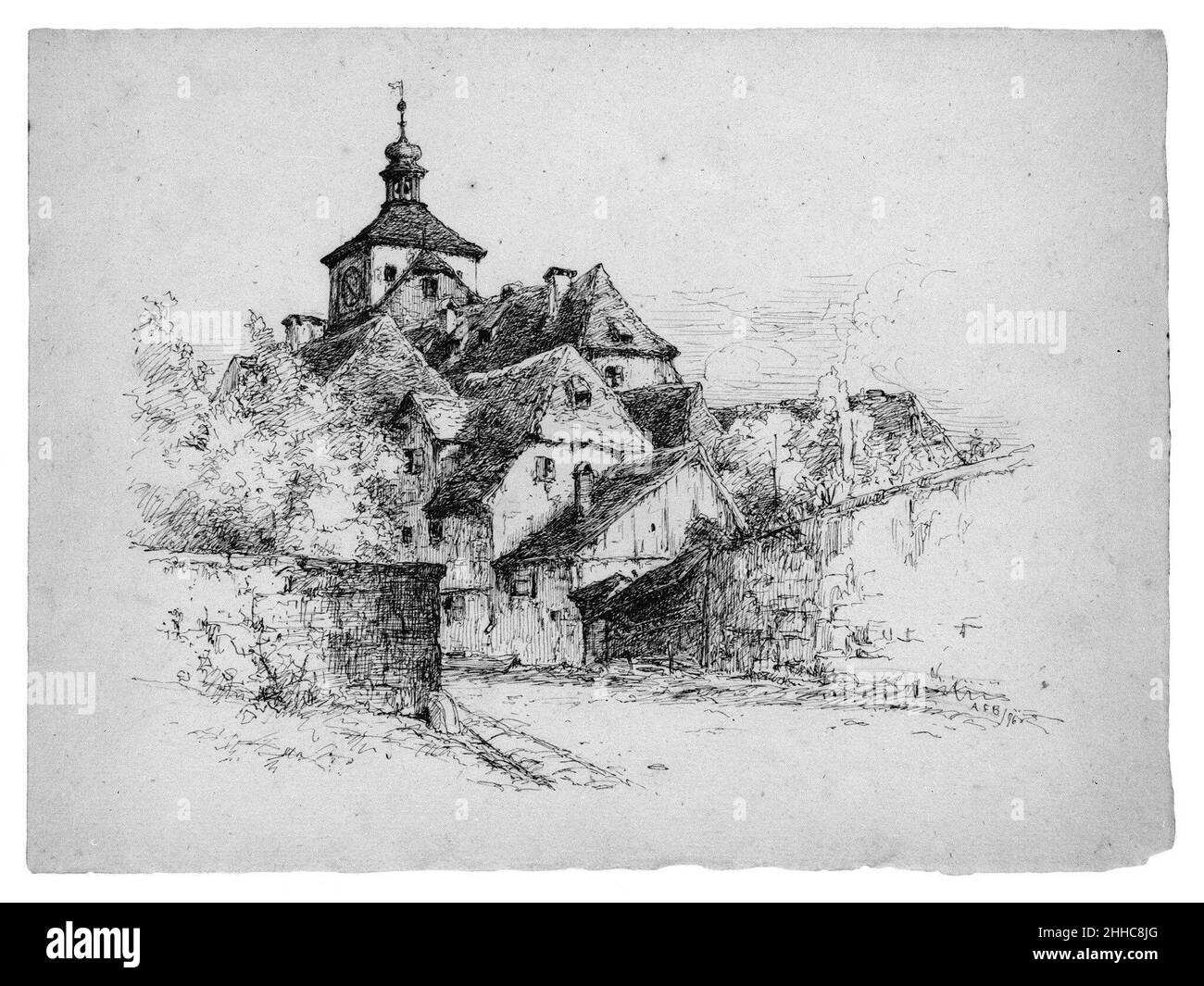 Disegno di un villaggio tedesco 1876 Andrew Fisher Bunner. Schizzo di un villaggio tedesco. Andrew Fisher Bunner (1841-1897). Americano. 1876. Tracce di inchiostro nero e grafite su carta bianca Foto Stock