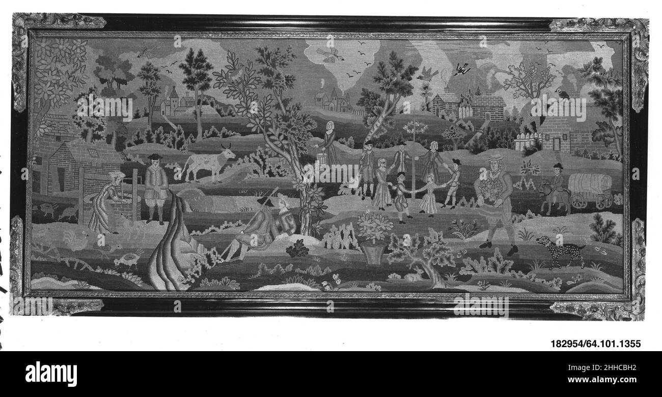 Immagine ricamata con scena Maypole primo quarto 18th secolo britannico. Immagine ricamata con scena Maypole 229052 Foto Stock