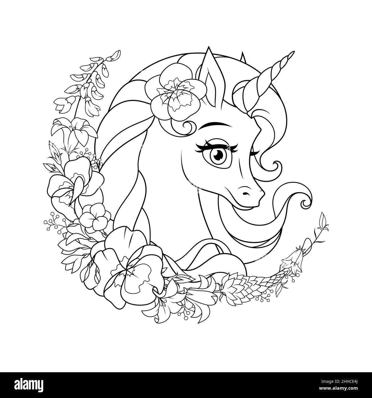 Simpatico unicorno cartoon circondato da fiori. Pagina di colorazione vettoriale. Illustrazione Vettoriale