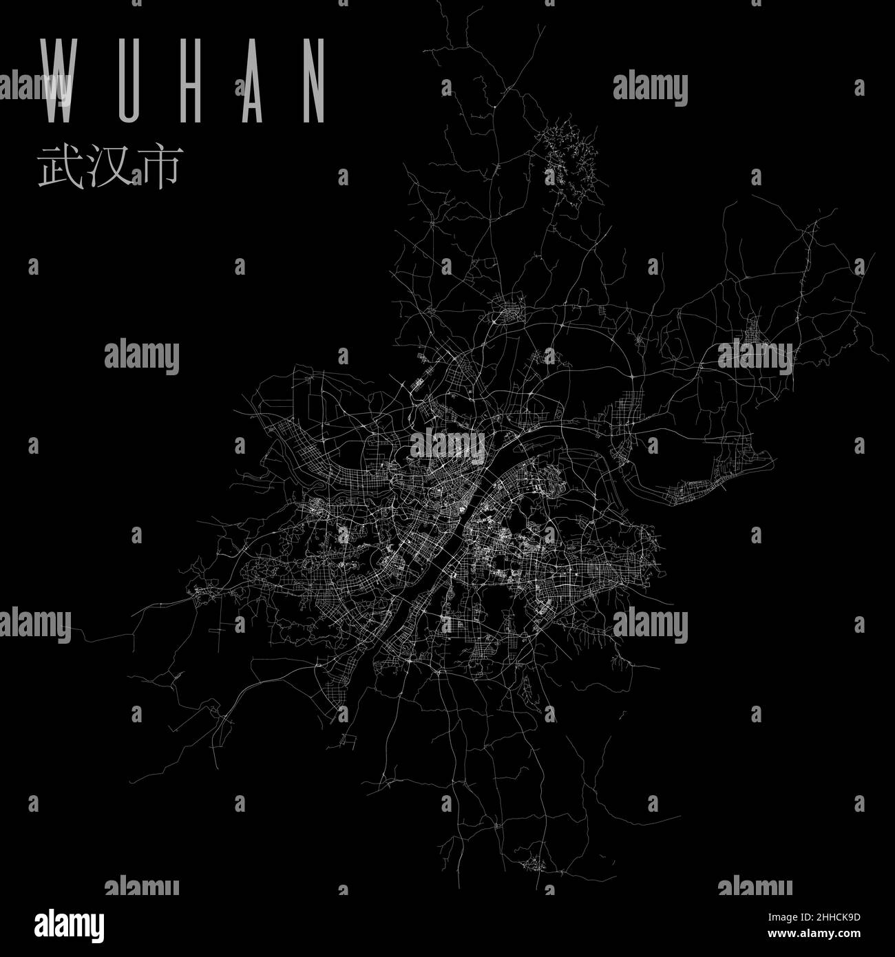 Poster della mappa vettoriale della città di Wuhan. China Municipal Square mappa stradale lineare, area amministrativa comunale, linee bianche su sfondo nero, con titolo. Illustrazione Vettoriale