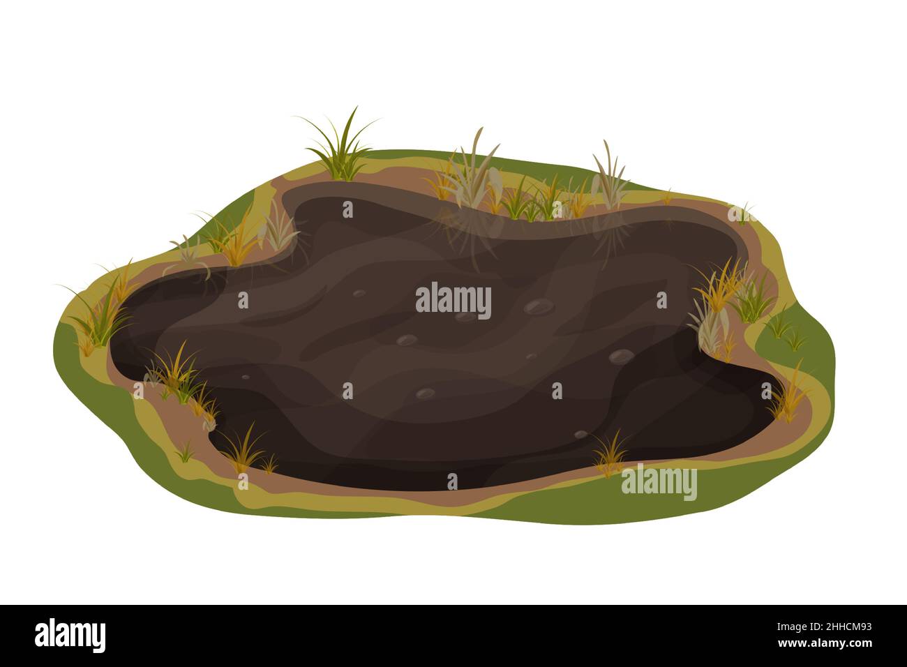 Pudle di fango sporco, palude con pietra, erba in stile cartoon isolato su sfondo bianco. Terreno umido naturale, laghetto forestale, clip lago art. . Illustrazione vettoriale Illustrazione Vettoriale