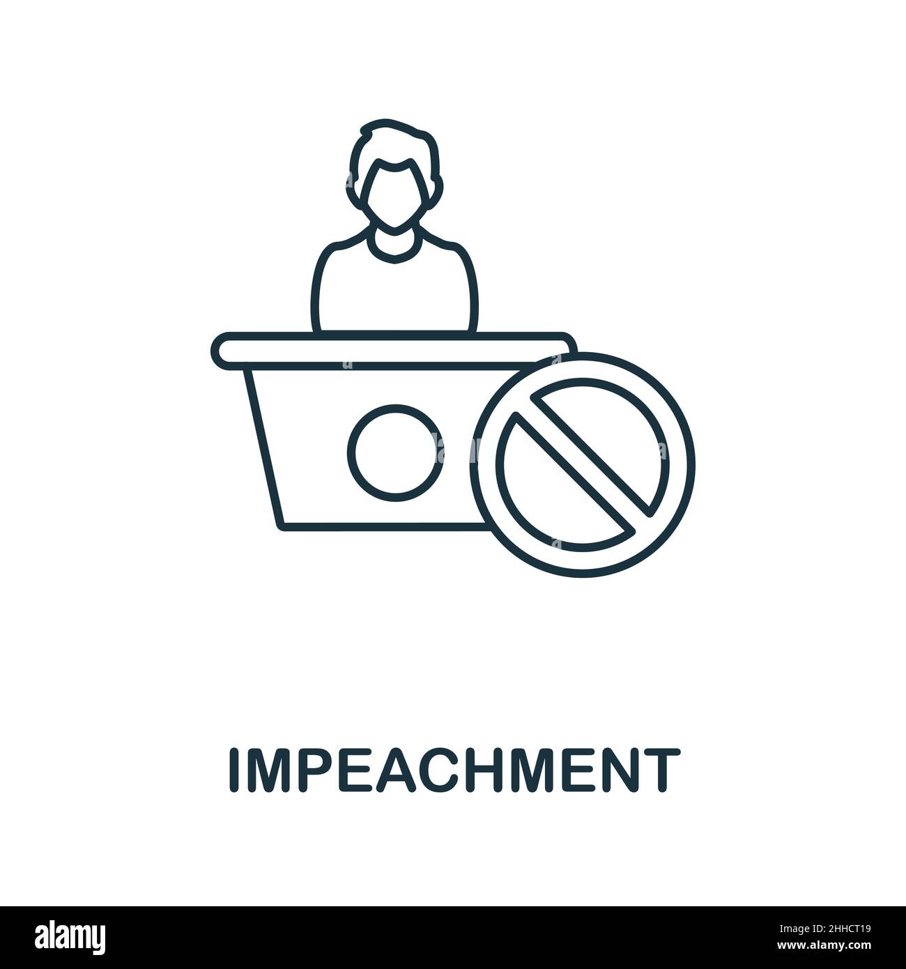 Icona di impeachment. Elemento di linea dalla raccolta dei diritti umani. Simbolo di impeachment lineare per il web design, infografica e altro ancora. Illustrazione Vettoriale