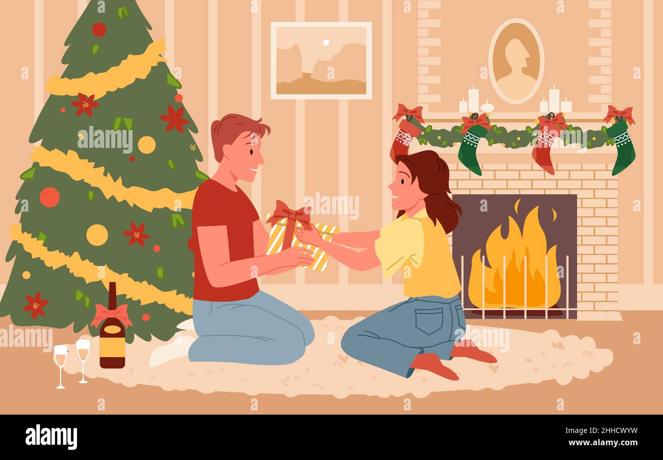 Natale scambio doni di famiglia felice, uomo e donna si siedono vicino a casa camino festivo Illustrazione Vettoriale