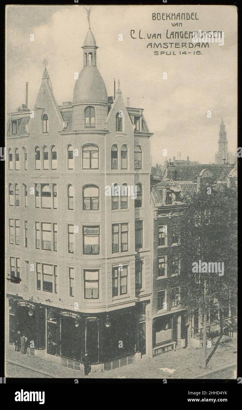 Spui 14-16 hoek Nieuwezijds Voorburgwal 352. Verhuiskaart boek-en kunsthandel C.L. van Langenhuysen, Foto Stock