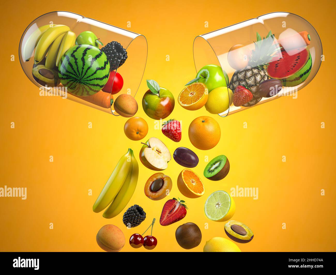 Diversi frutti in capsula medica, integratore dietetico di vitamina e concetto di nutrizione di salute. 3d illustrazione Foto Stock