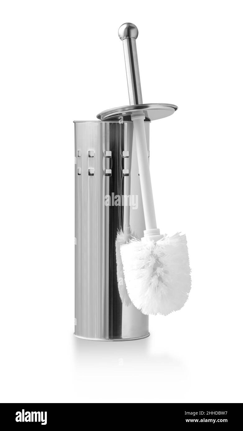 Spazzola per wc metallica isolata su sfondo bianco con percorso di taglio Foto Stock