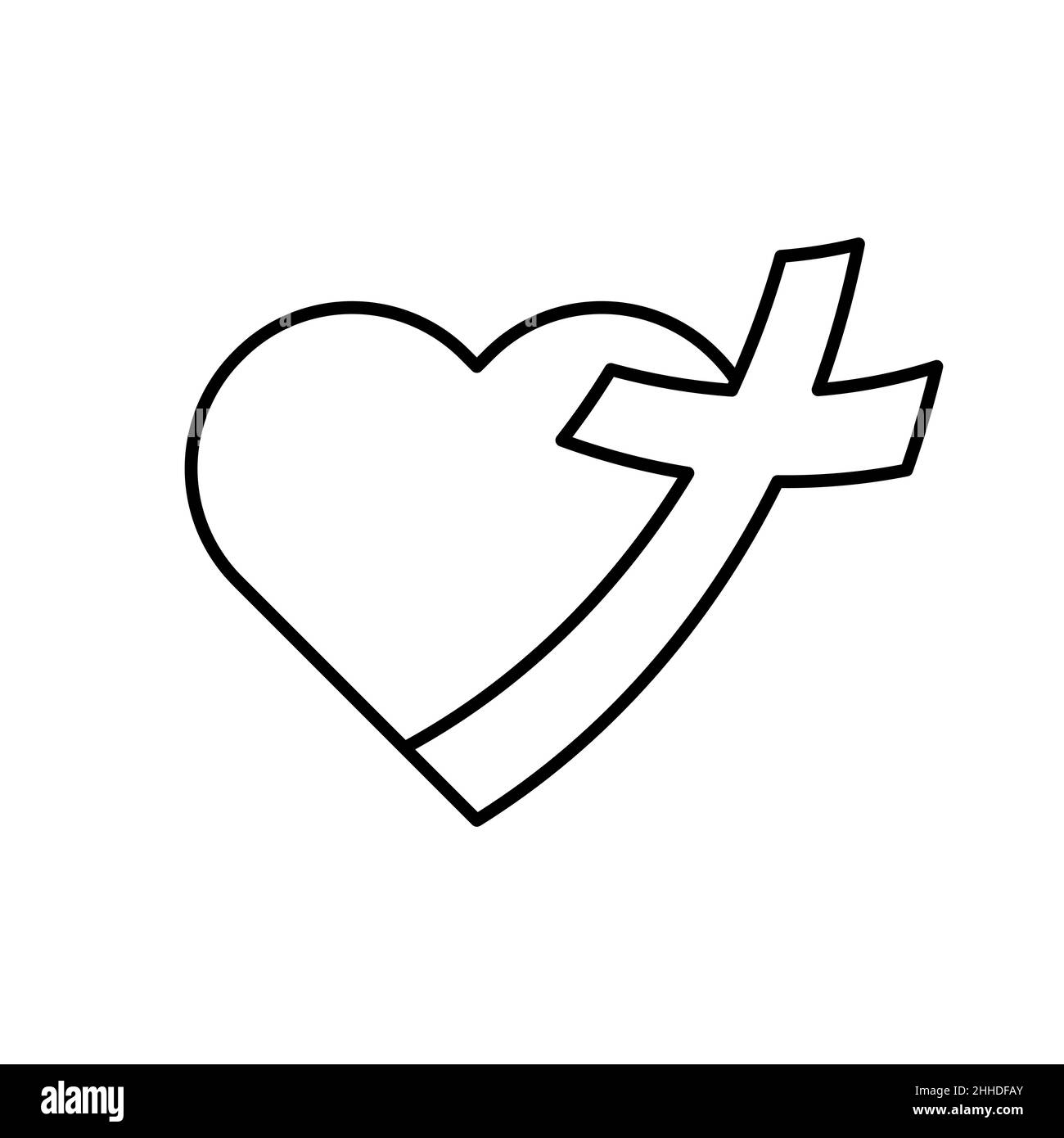 Croce cristiana con icona del cuore. Icona religione nera. Simbolo della Chiesa. Illustrazione vettoriale Illustrazione Vettoriale
