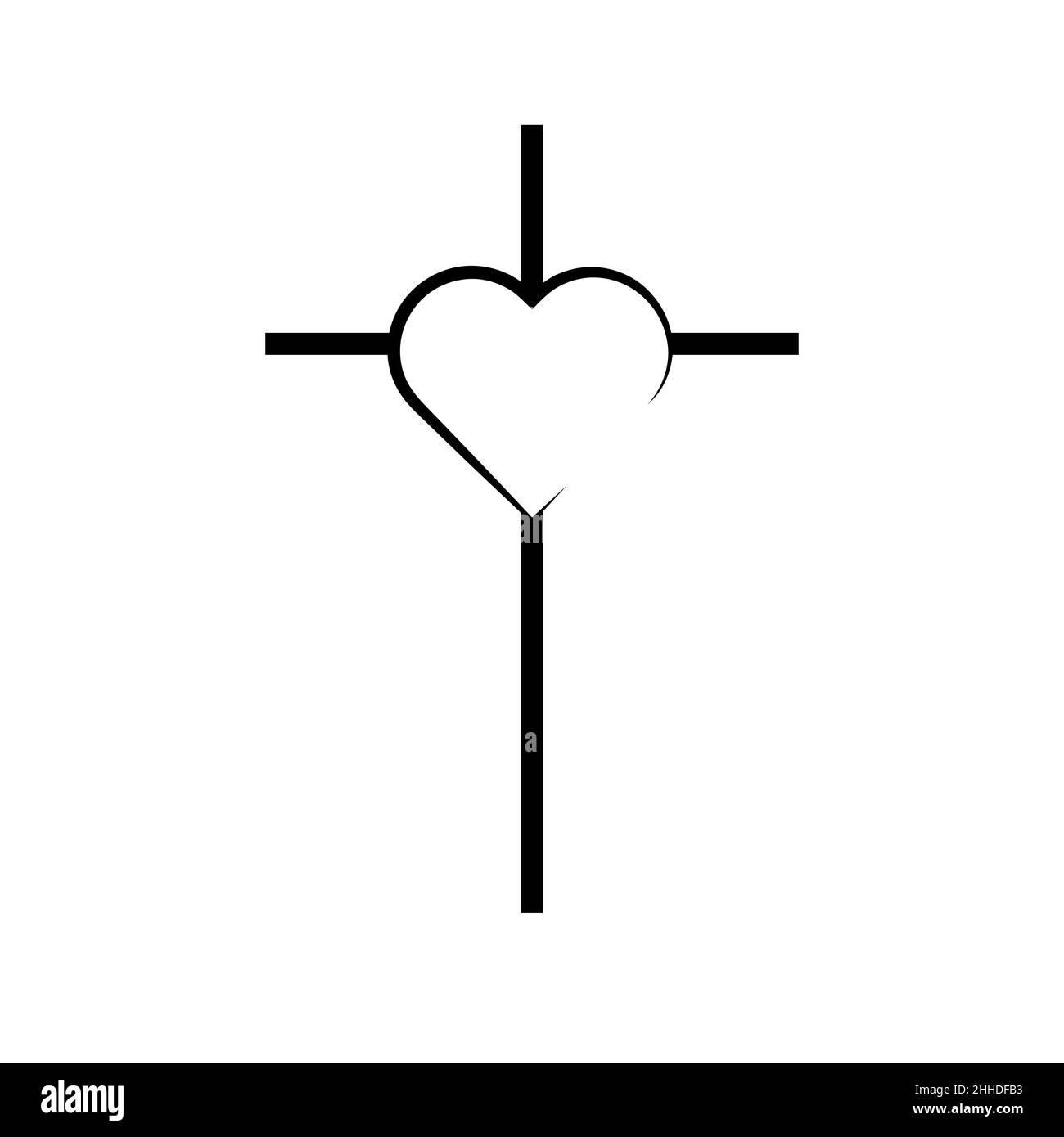 Croce cristiana con icona del cuore. Icona religione nera. Simbolo della Chiesa. Illustrazione vettoriale Illustrazione Vettoriale