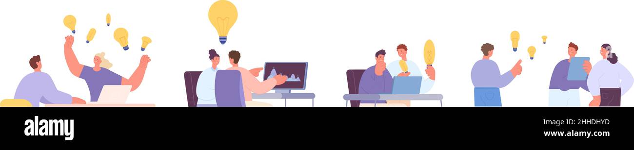 Uomini d'affari con idee. Idee creative, dirigenti d'ufficio e imprenditori condividono pensieri. Lavorare insieme, lavoro di squadra e leadership, vettore Illustrazione Vettoriale