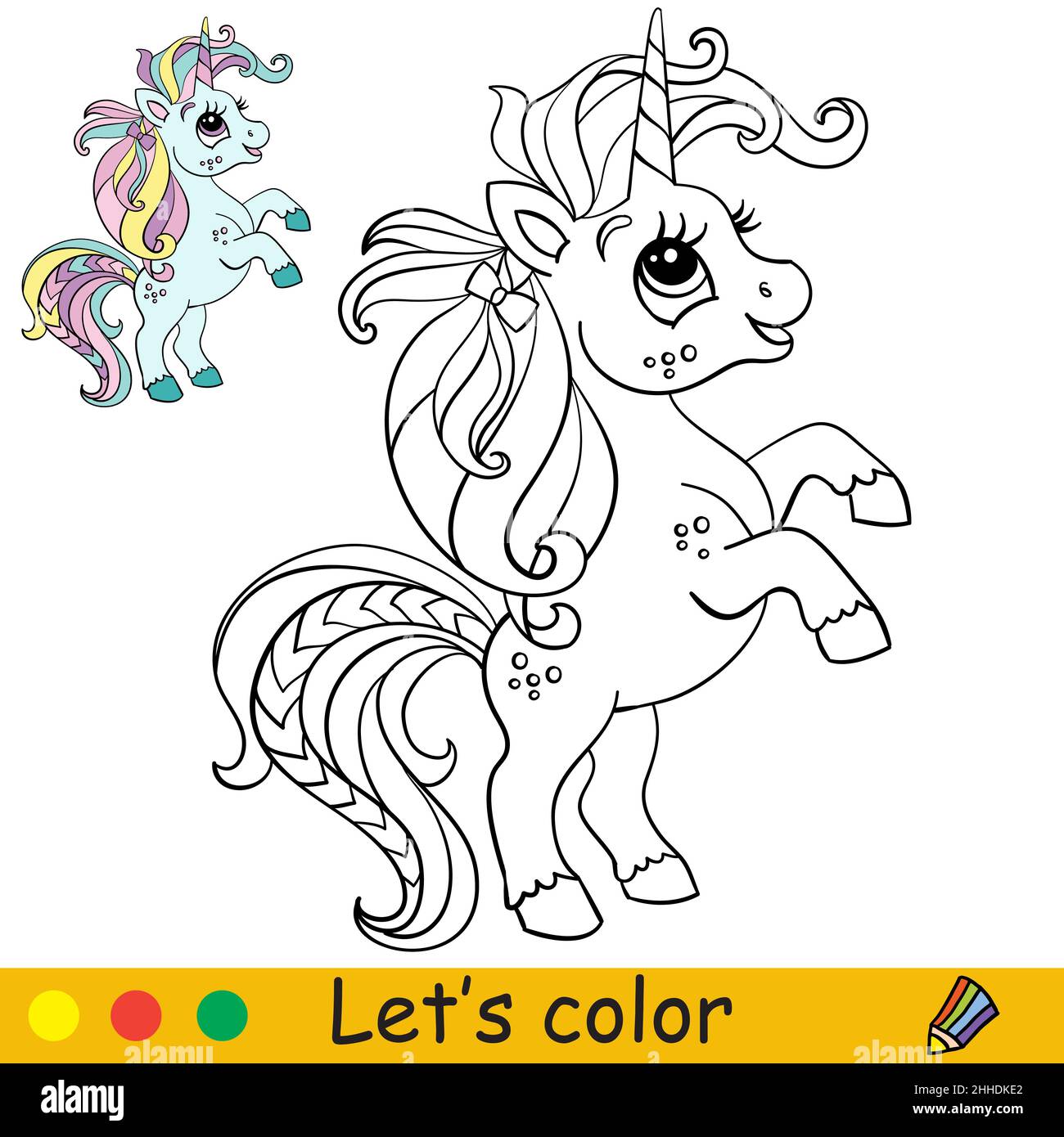 Simpatico unicorno turchese divertente. Pagina del libro da colorare con modello a colori. Illustrazione di un cartoon vettoriale. Per i bambini che colorano, carta, stampa, design, arredamento e p Illustrazione Vettoriale