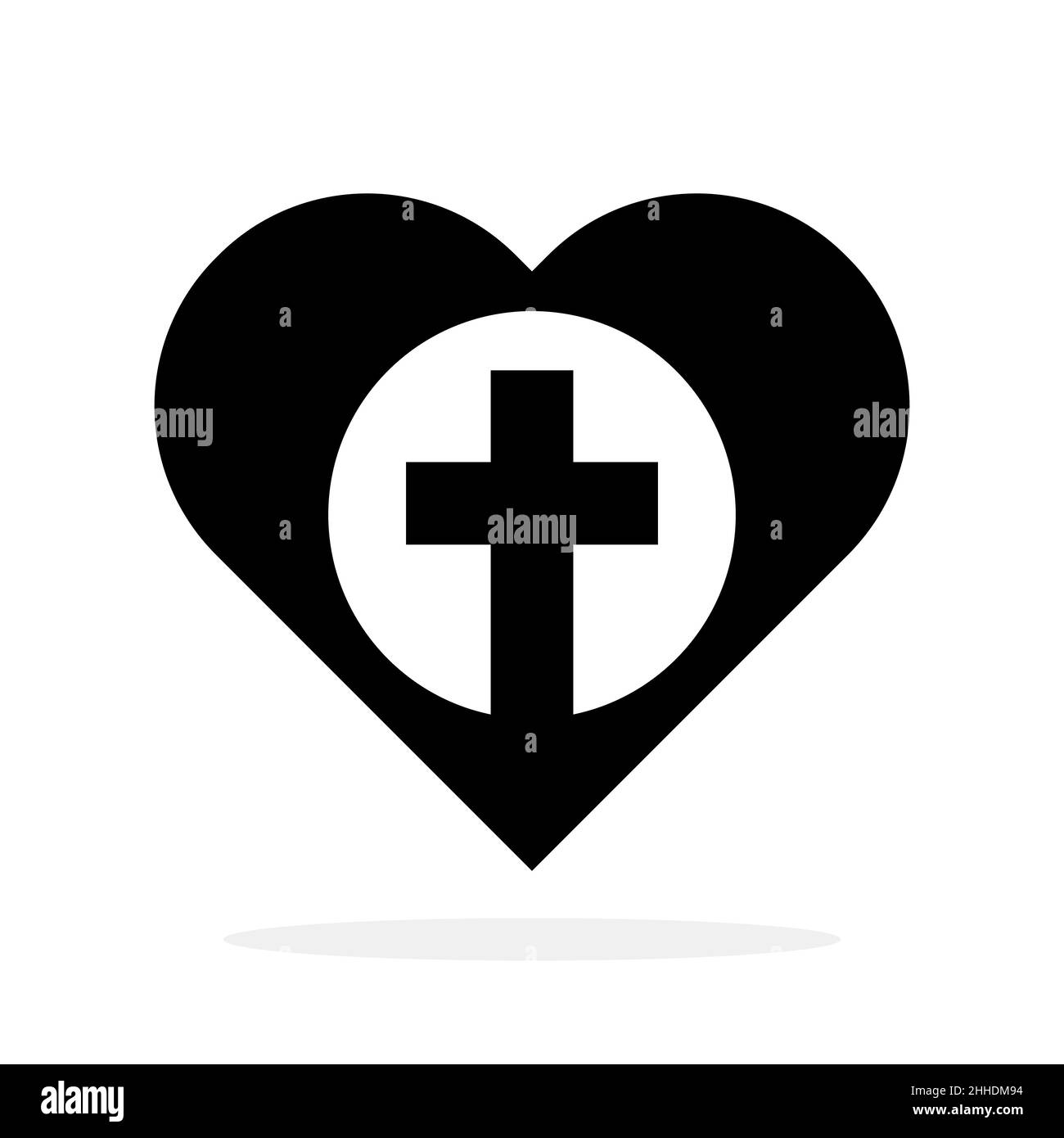 Croce cristiana con icona del cuore. Icona religione nera. Simbolo della Chiesa. Illustrazione vettoriale Illustrazione Vettoriale