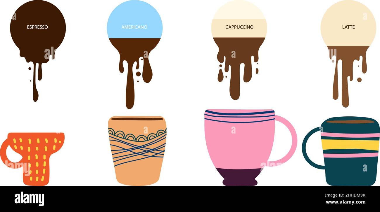 Caffè del mattino. Bilanciamento delle bevande diverso, espresso, americano, cappuccino e latte. Tazze e tazze in stile boho e striscioni liquidi, caffè o panetteria Illustrazione Vettoriale