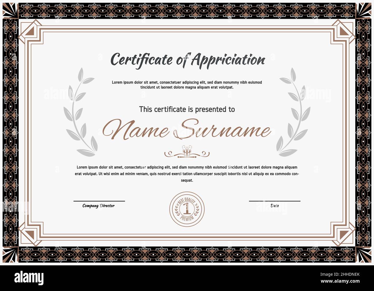 Certificato di stile Art Deco. Bianco disegno bianco con cornice ornamentale scura. Design moderno per gli affari. Illustrazione vettoriale Illustrazione Vettoriale