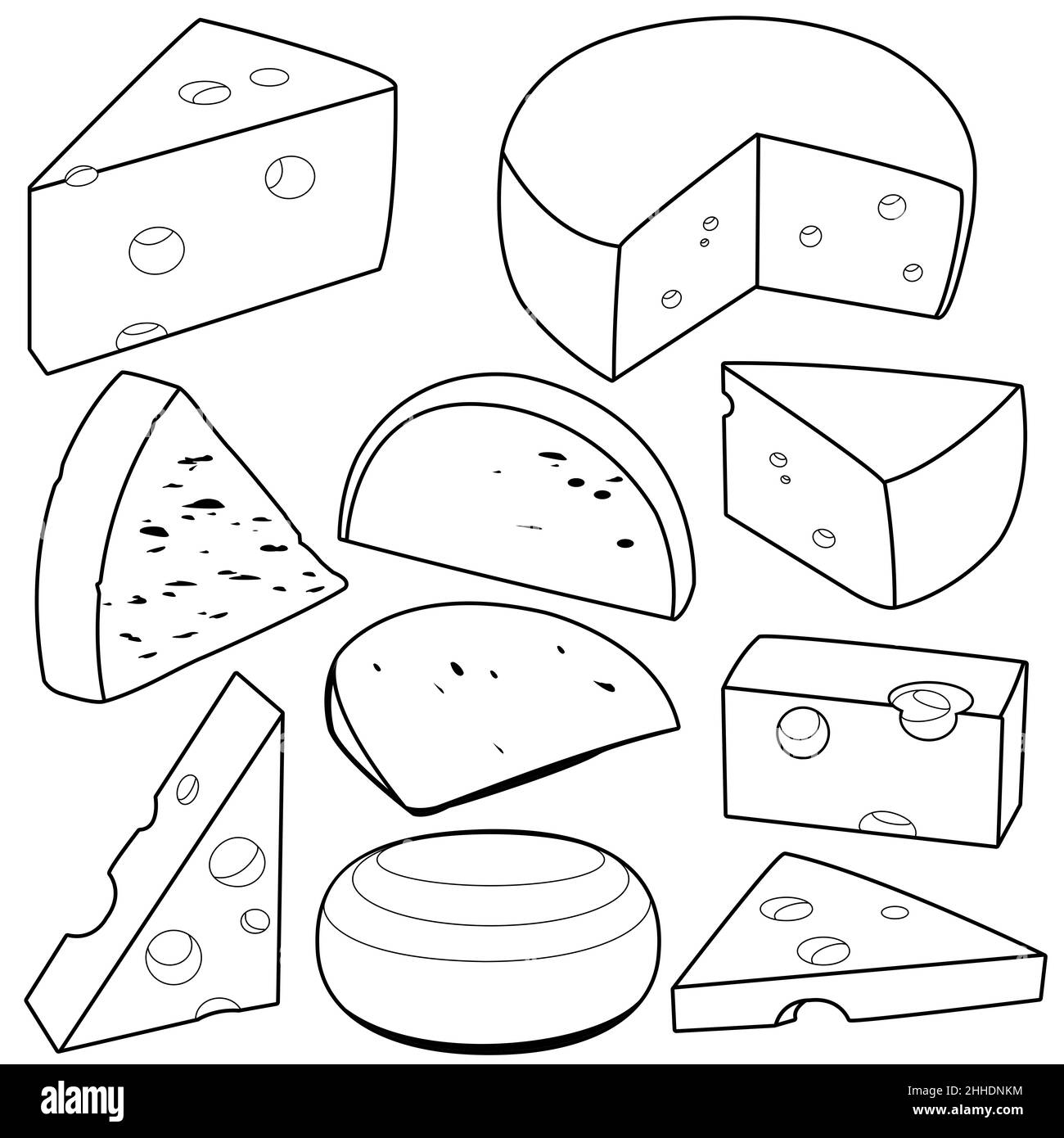 Vari tipi di formaggio. Illustrazione in bianco e nero Foto Stock