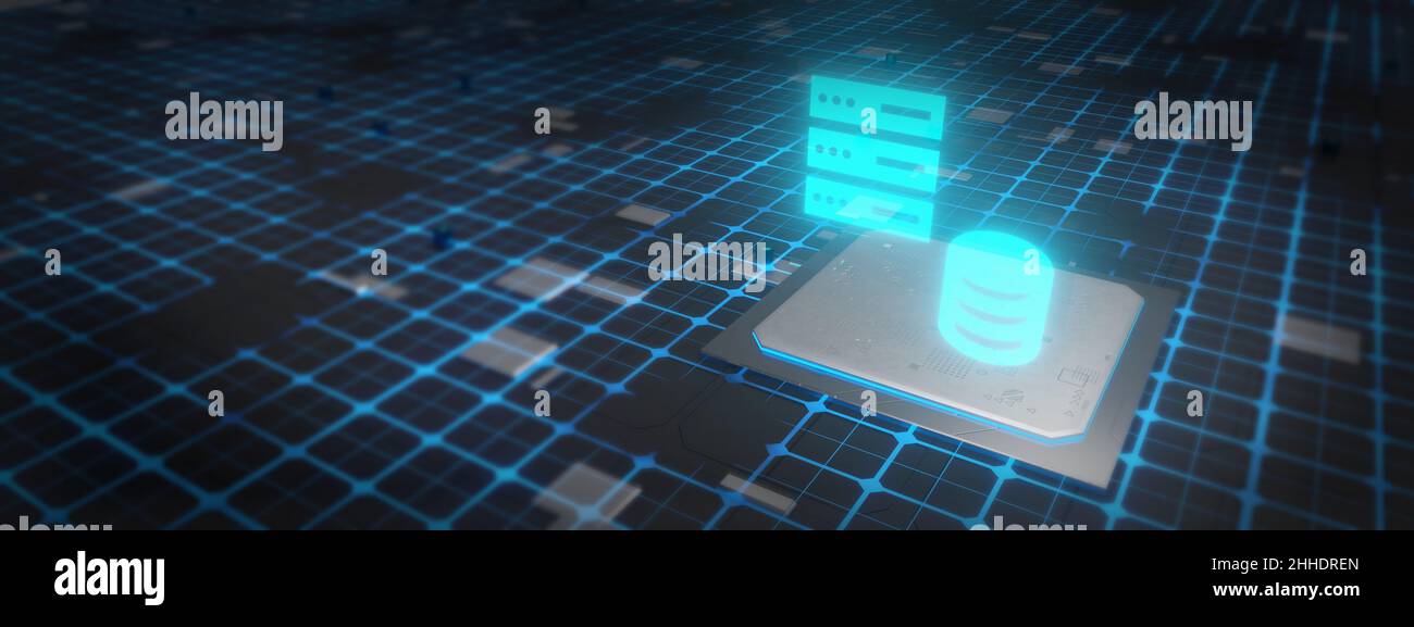 Processore centrale per computer con concetto di CPU per storage e dischi. 3d rendering, immagine concettuale. Foto Stock