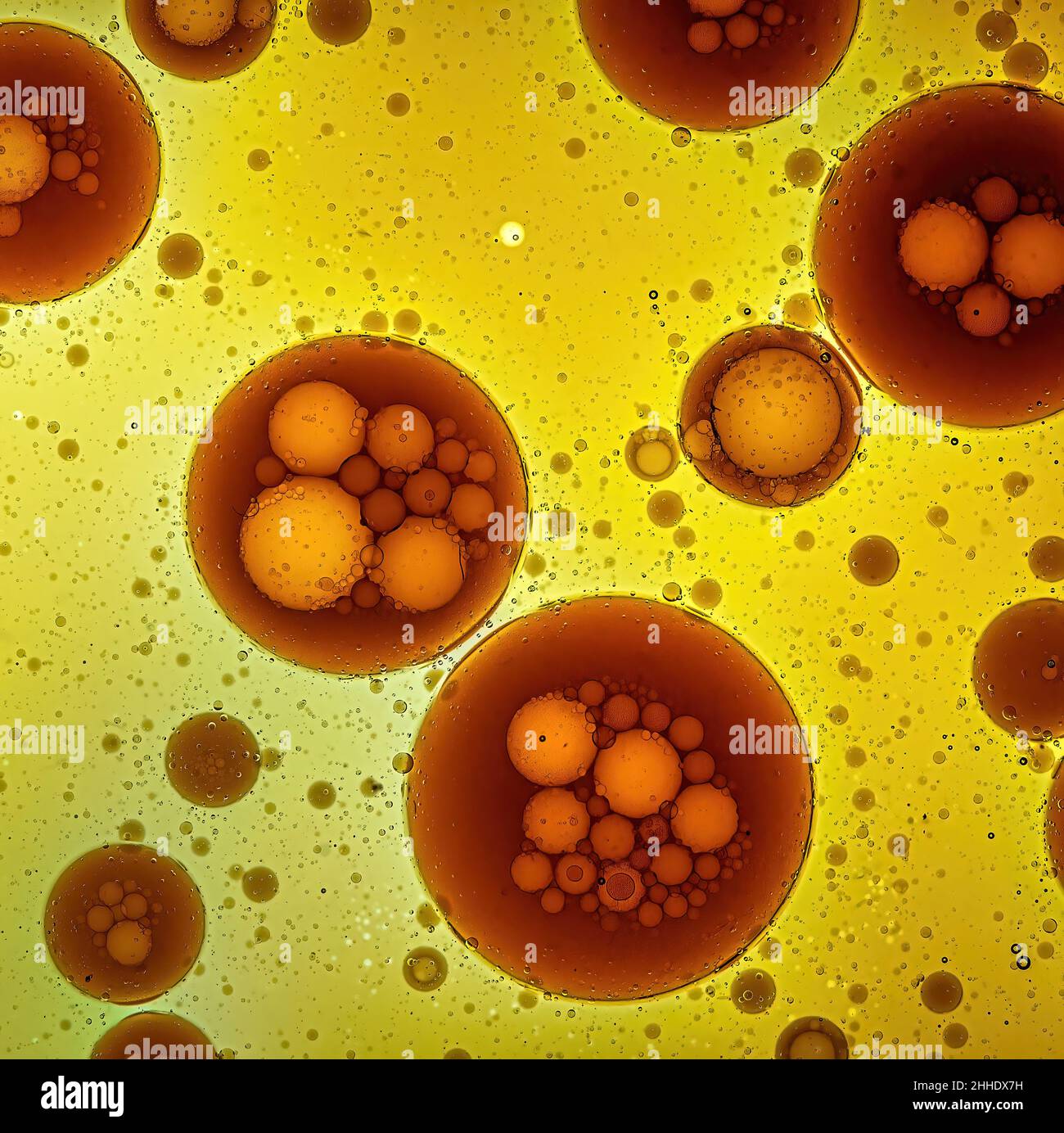 Bolle astratte di colore giallo e marrone in liquido Foto Stock