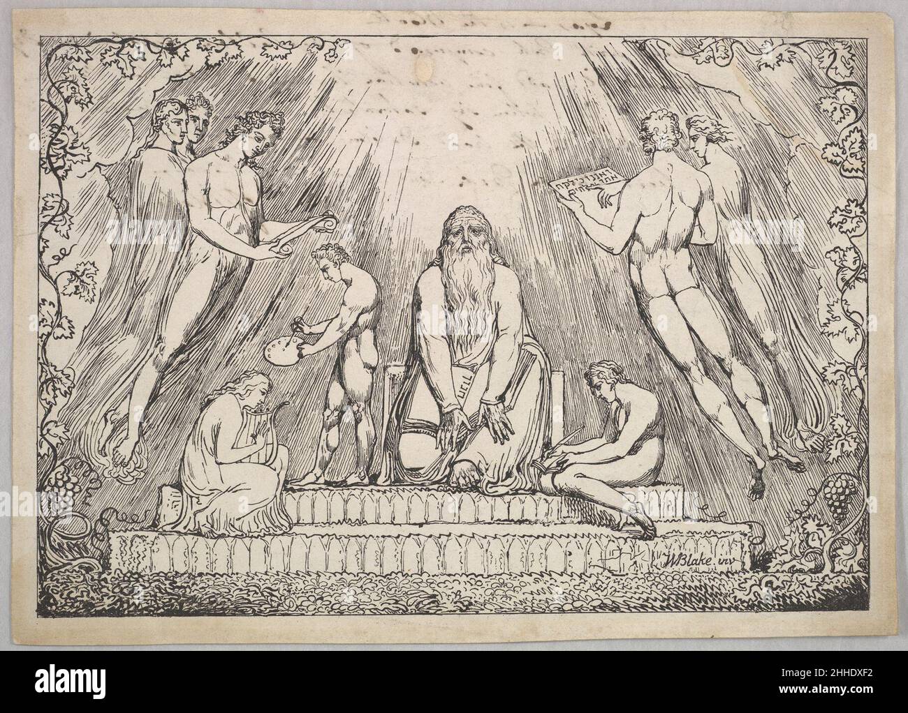 Enoch 1806–7 l’unica litografia di William Blake British Blake celebra la creatività artistica che si sprigionerà dalla vicinanza al divino. La composizione è incentrata su Enoch, una misteriosa figura dell'Antico Testamento descritta in Genesi 5:22-29 come "camminata con Dio". Rappresentando la speculazione teologica che il patriarca ha inventato la scrittura, Blake gli pone un dais che tiene un libro inscritto con le lettere ebraiche con gli esseri hovering ad entrambi i lati che rappresentano la profezia e l'ispirazione. Di seguito, i bambini di Enoch si esercitano nella pittura, nella musica e nella poesia per suggerire che tutte le arti fluiscono dalla scrittura. La tecnica d Foto Stock